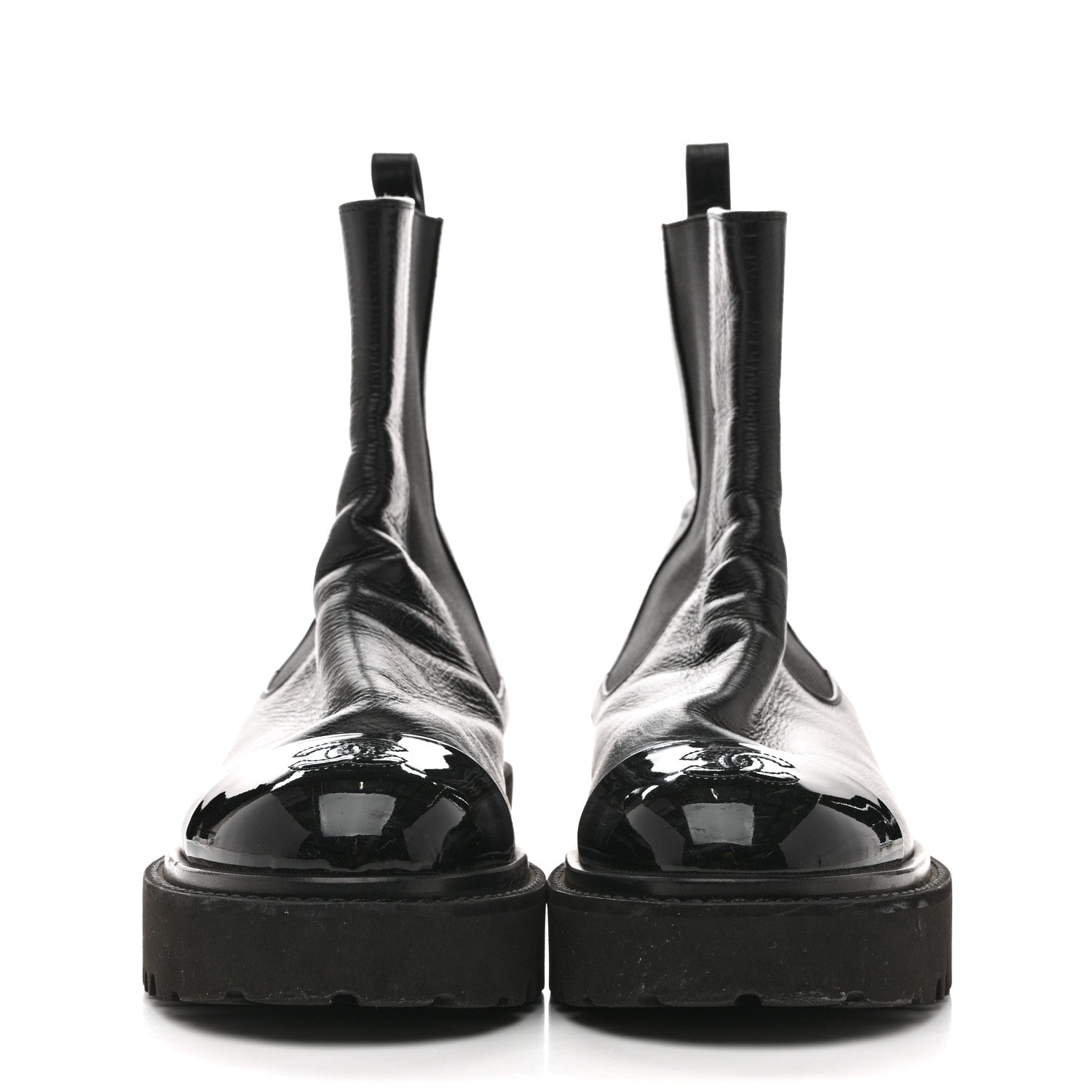 Chanel Crumpled Calfskin Patent Cap Toe Short Boots 39.5 Black