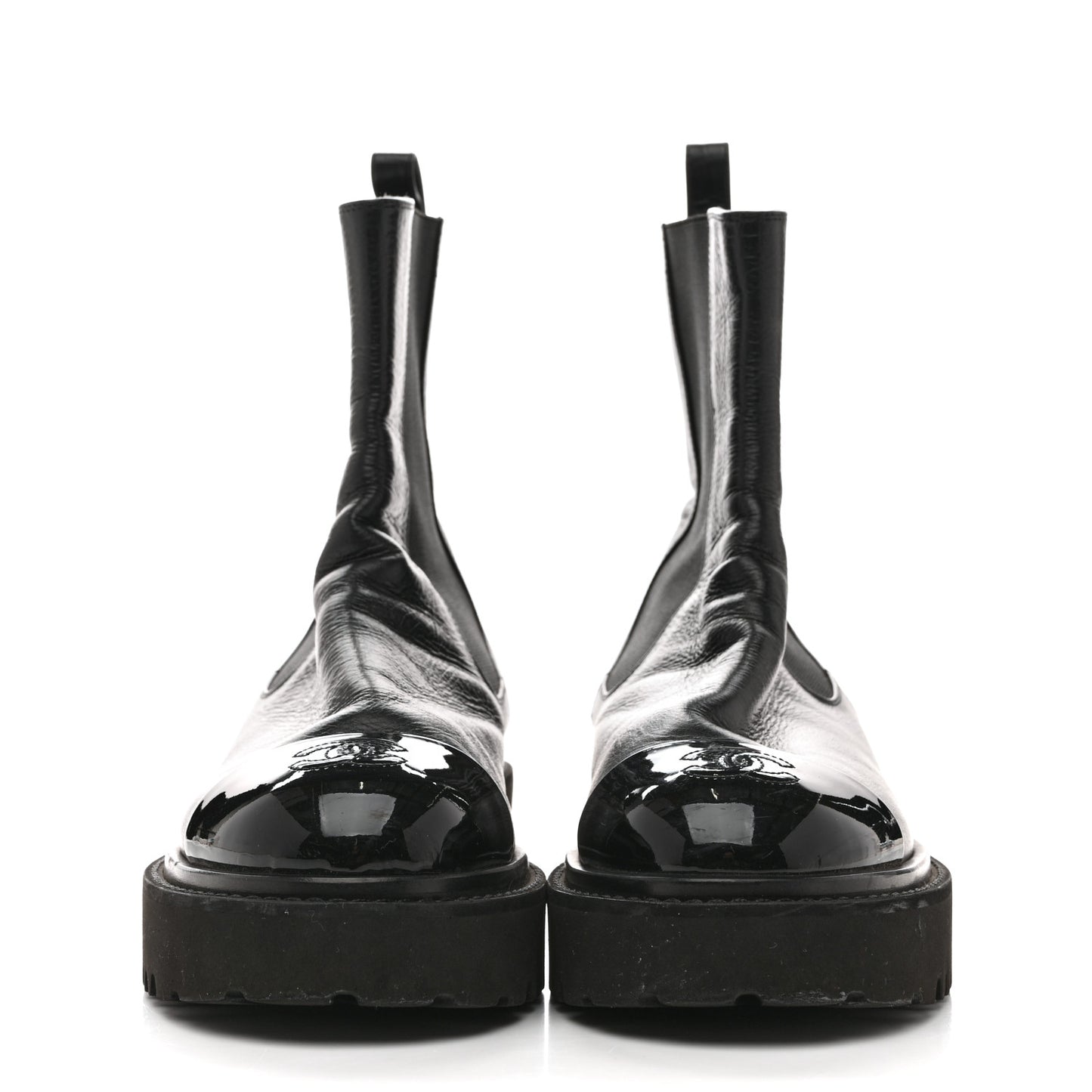 Crumpled Calfskin Patent Cap Toe Short Boots 39.5 Black