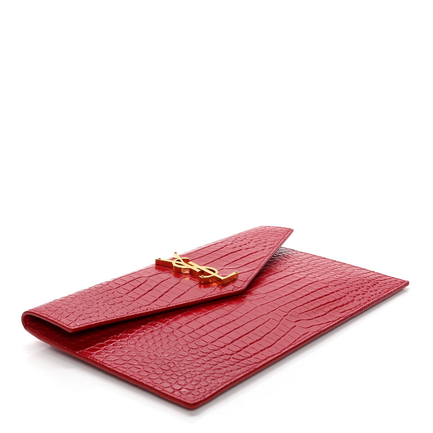 Saint Laurent Calfskin Crocodile Embossed Uptown Monogram Clutch Rouge Eros 4 of 6