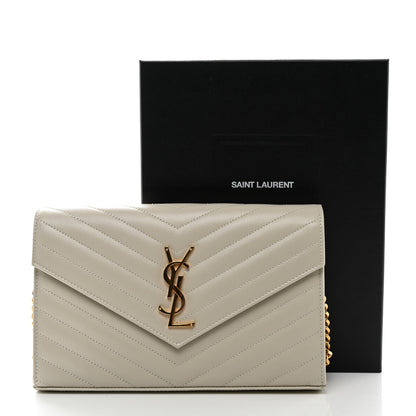 Saint Laurent Grain De Poudre Matelasse Chevron Monogram Chain Wallet Crema Soft 10 of 10