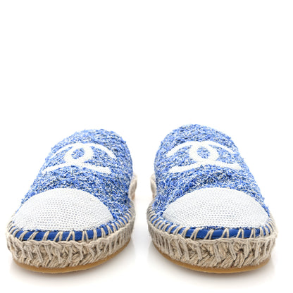 Chanel Tweed Sequin Cap Toe CC Espadrilles Mule 40 Blue White 3 of 10