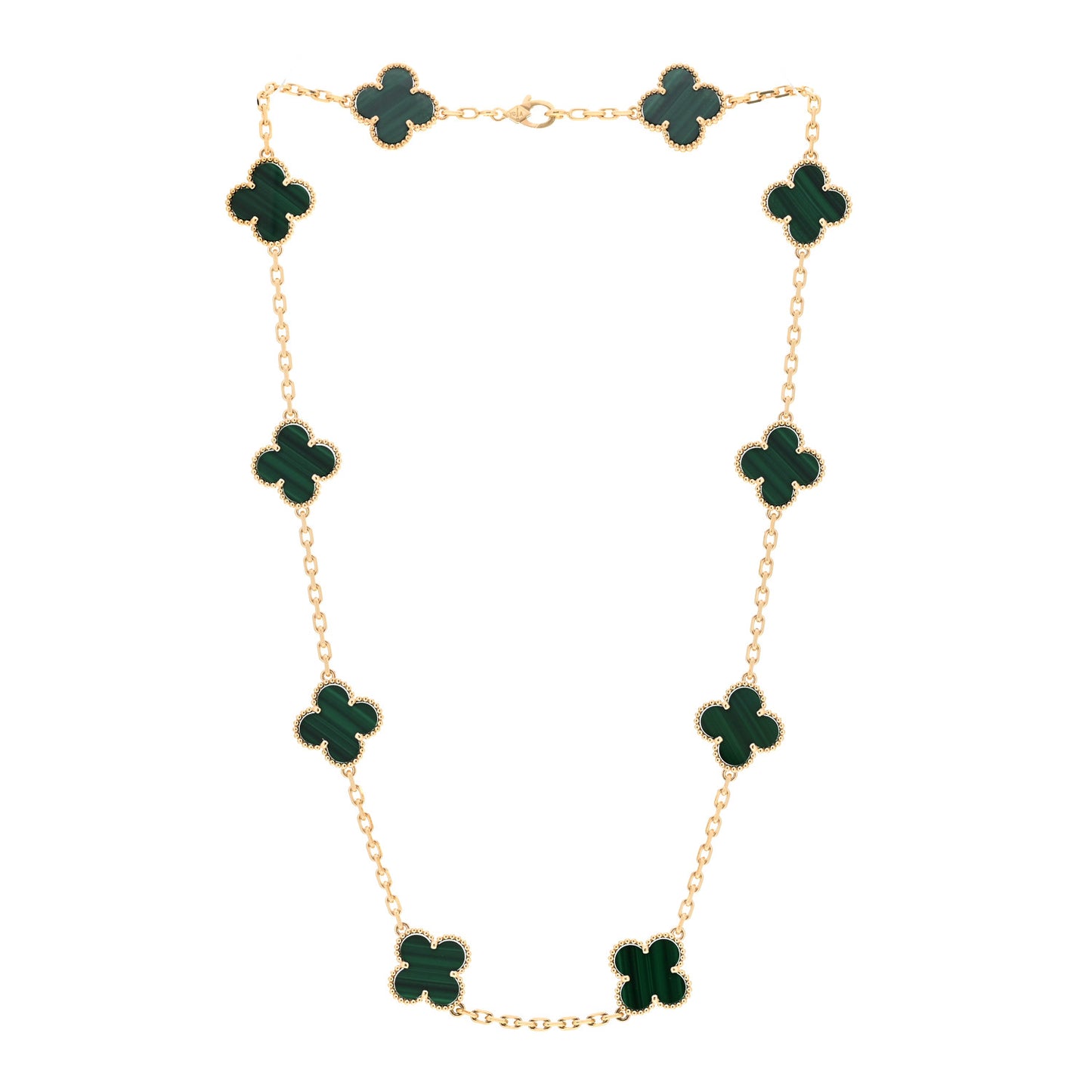 18K Yellow Gold Malachite 10 Motifs Vintage Alhambra Necklace
