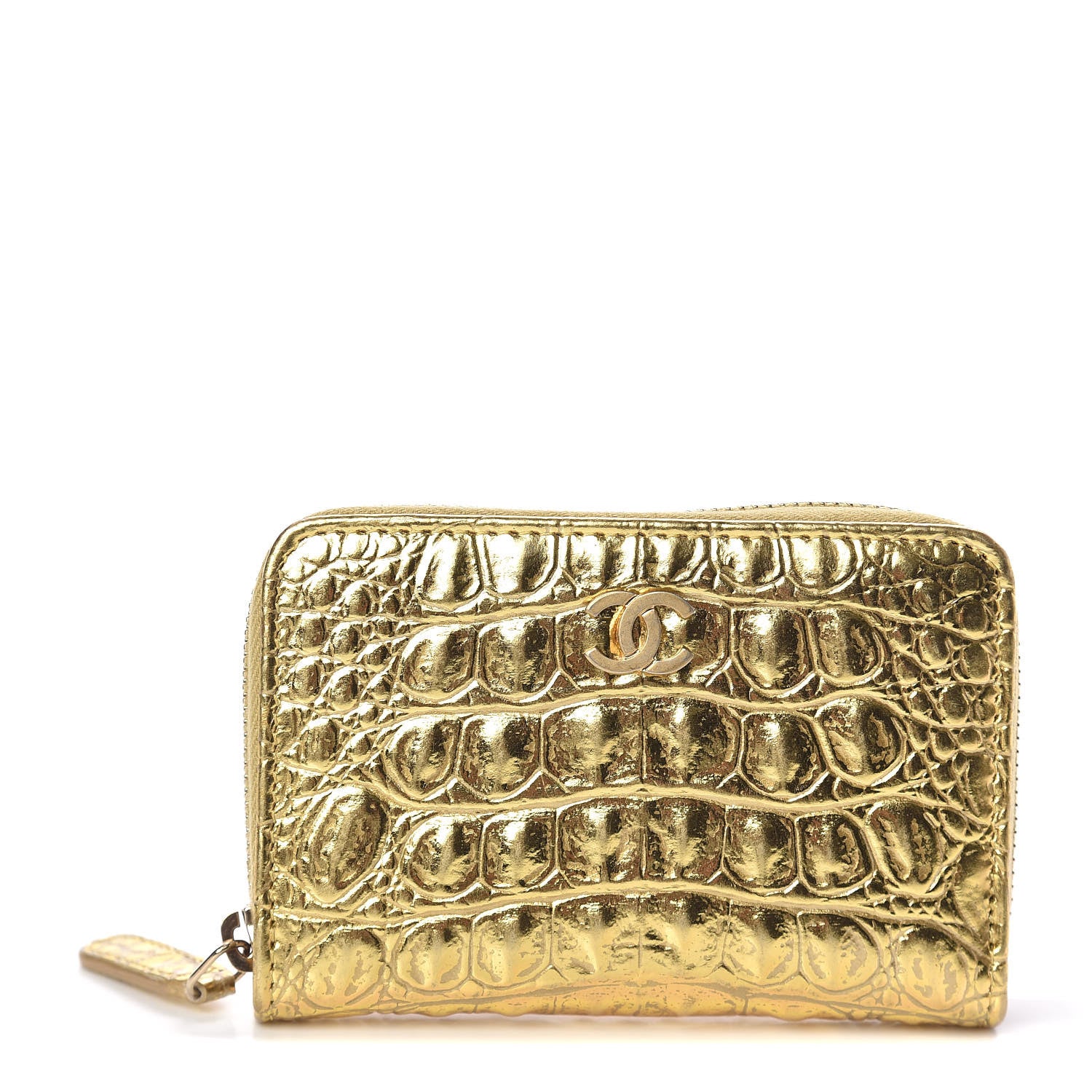 Chanel Metallic Calfskin Crocodile Embossed Cocodile Zip Coin Case Gold 1 of 8