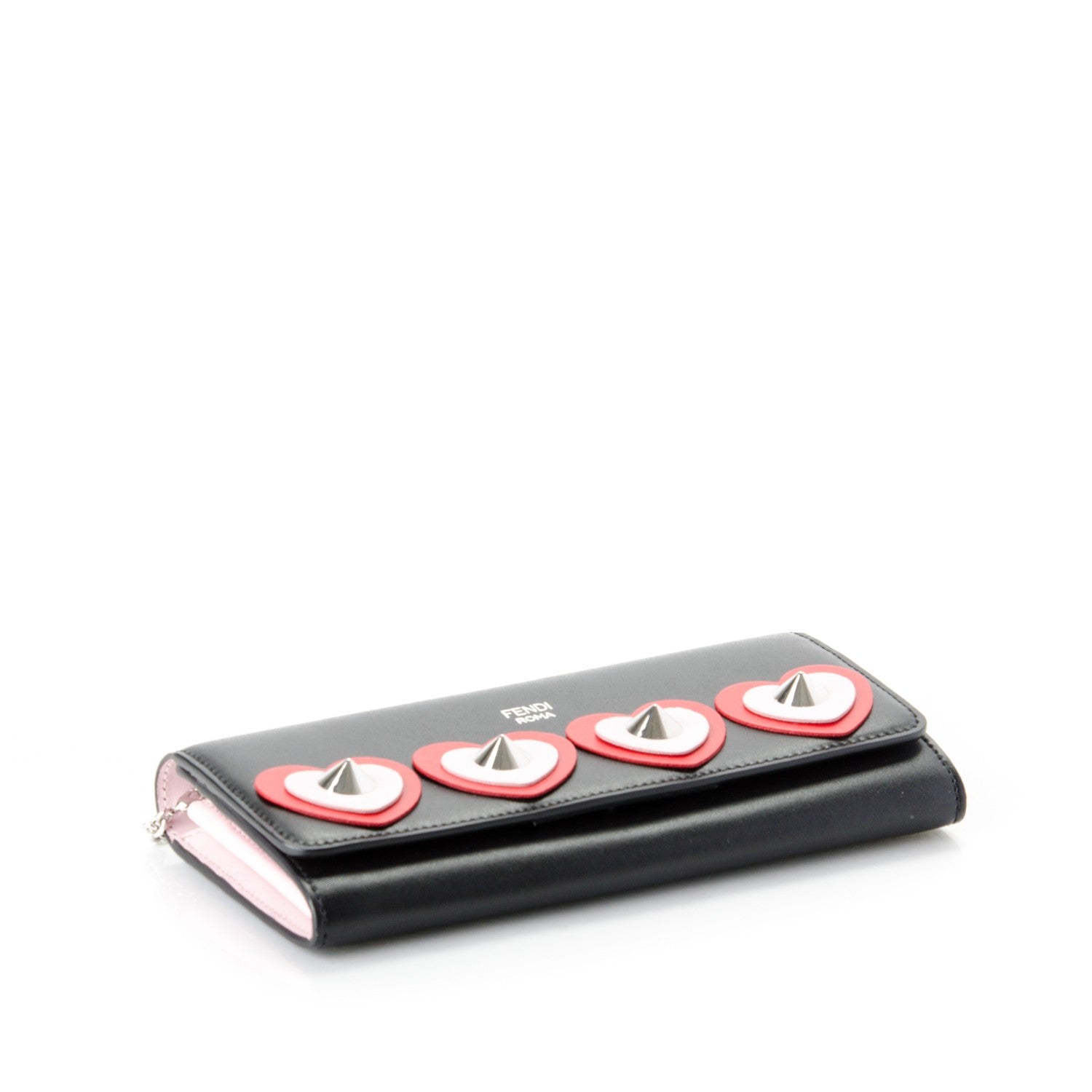 Fendi Calfskin Heart Studded Continental Wallet On Chain Black Red Peonia 4 of 8