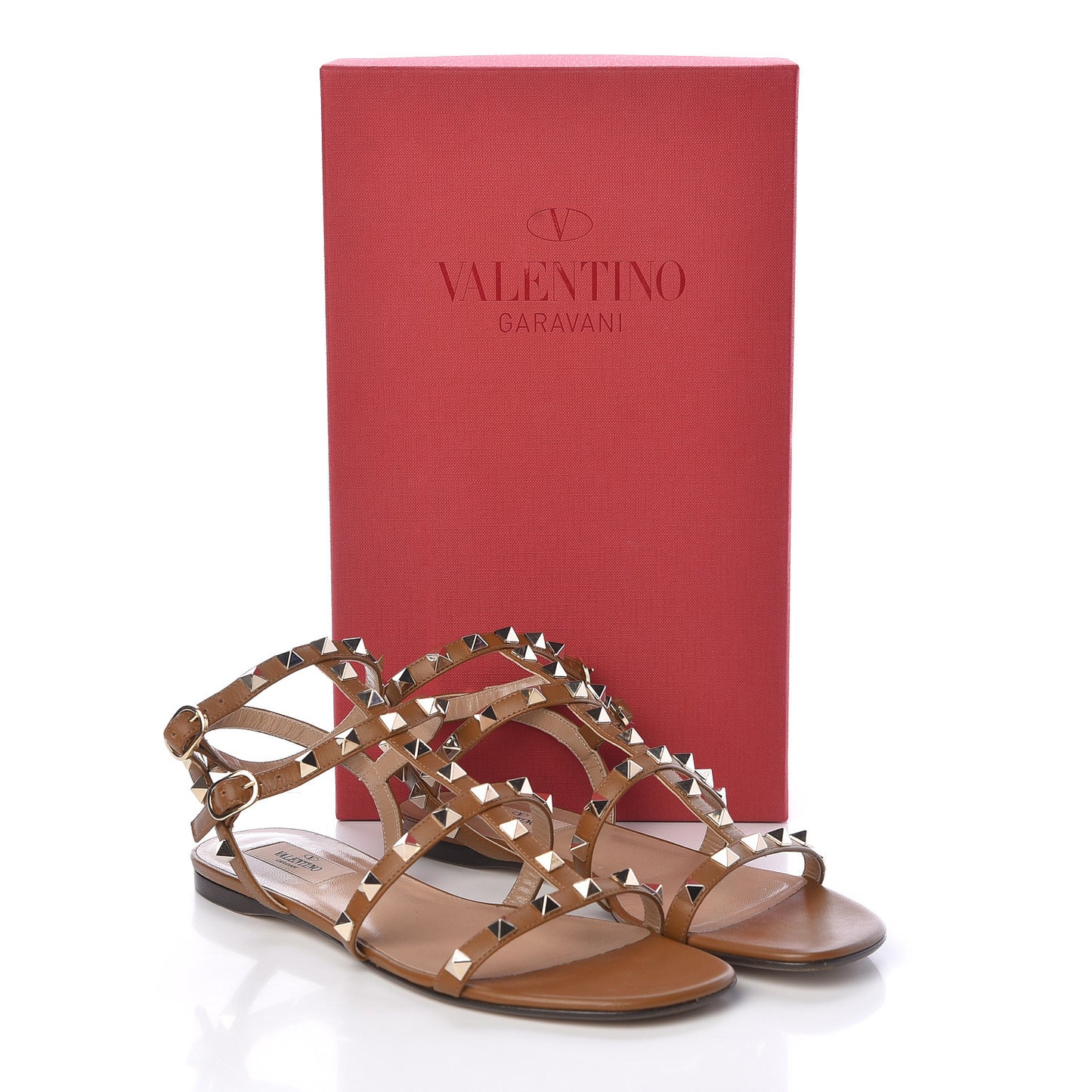 Calfskin Nappa Rockstud Gladiator Flat Sandals 38 Bright Cognac