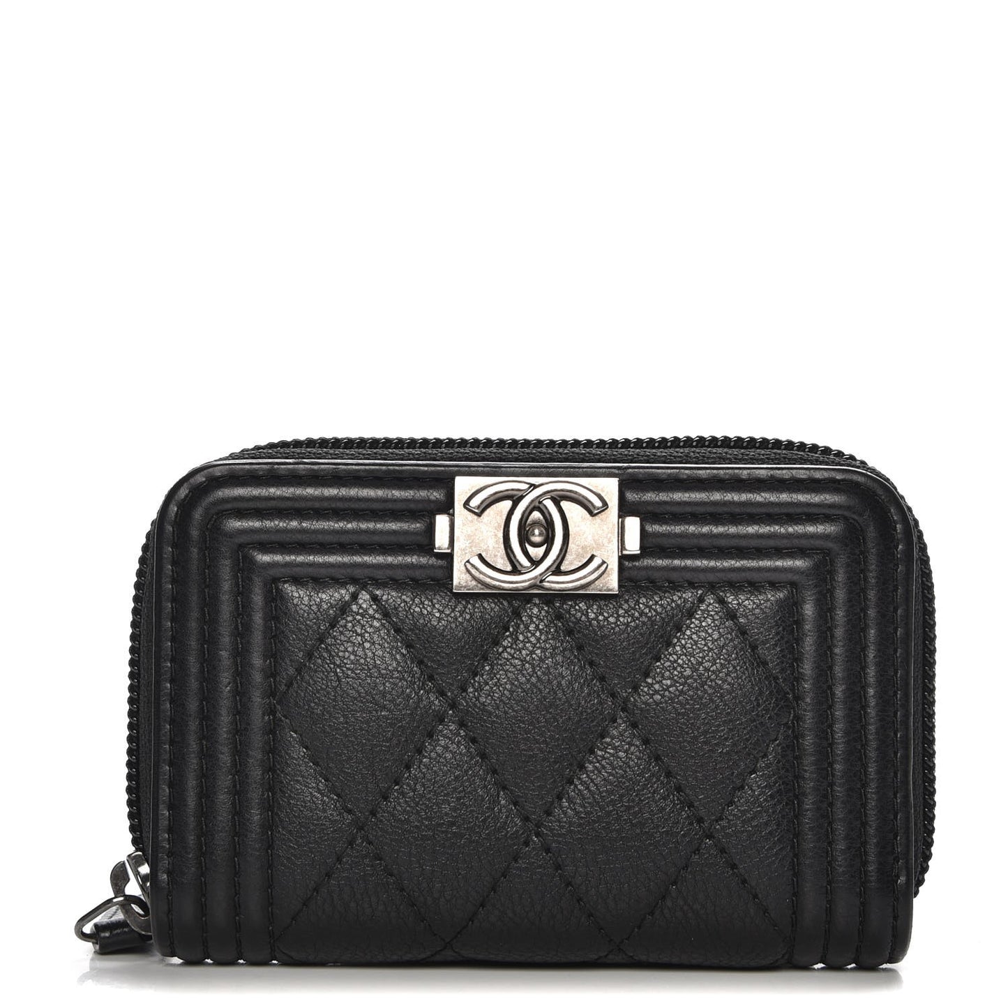 Calfskin Quilted Zip Around Boy Coin Purse Wallet Black