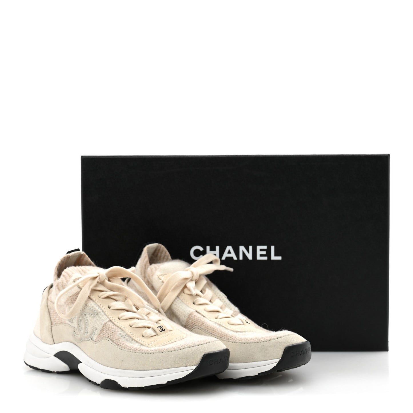 Knit Fabric Suede Calfskin Womens CC Sneakers 37 Ivory