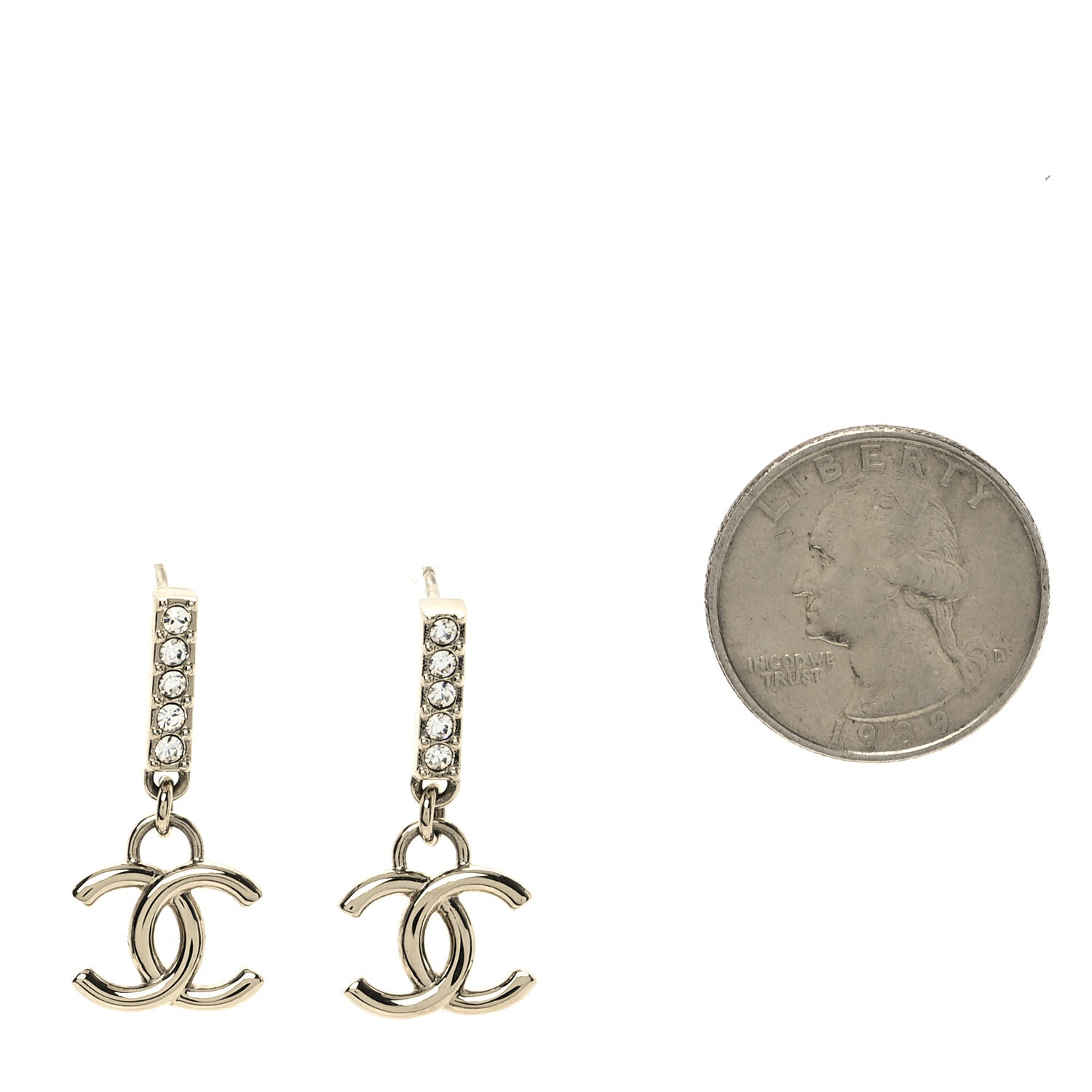 Chanel Metal Crystal Studded CC Drop Earrings Gold 2 of 5