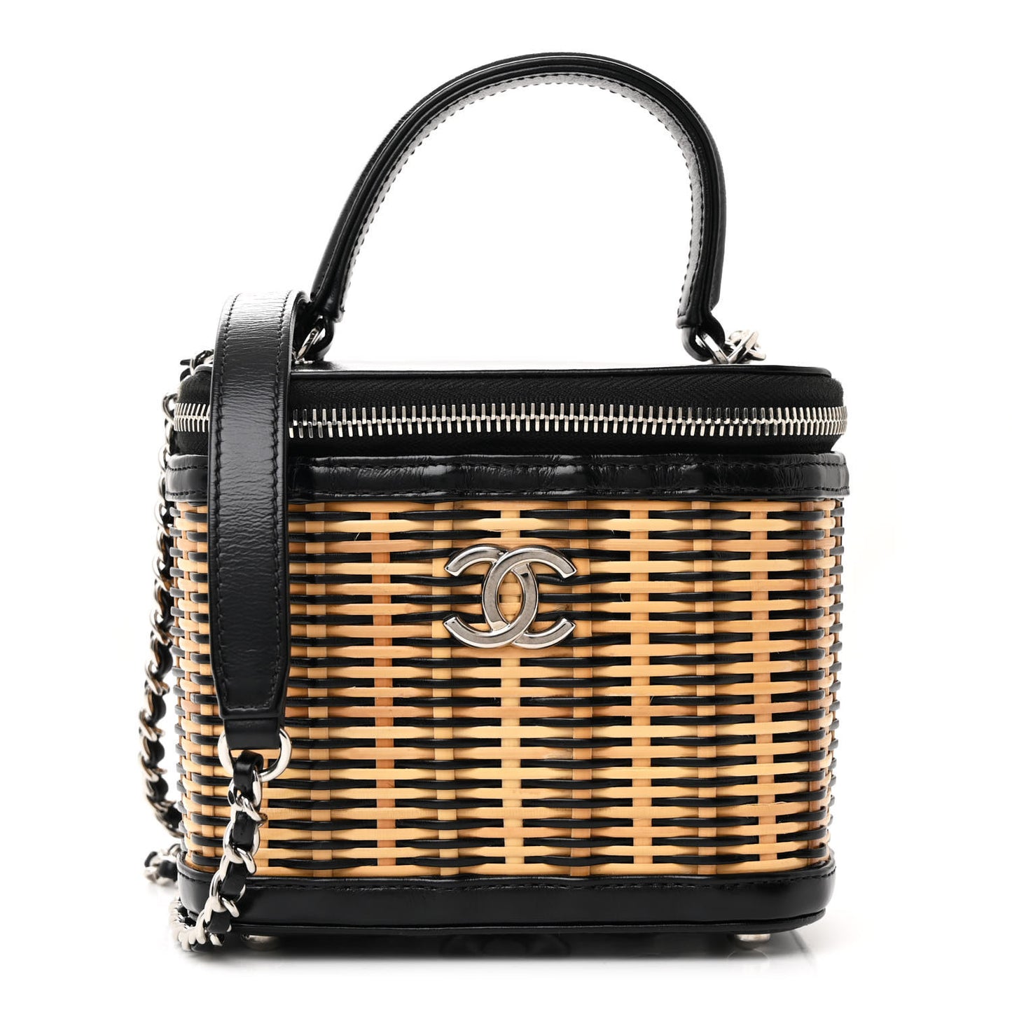 Calfskin Raffia Small Vanity Case Bag Black Beige