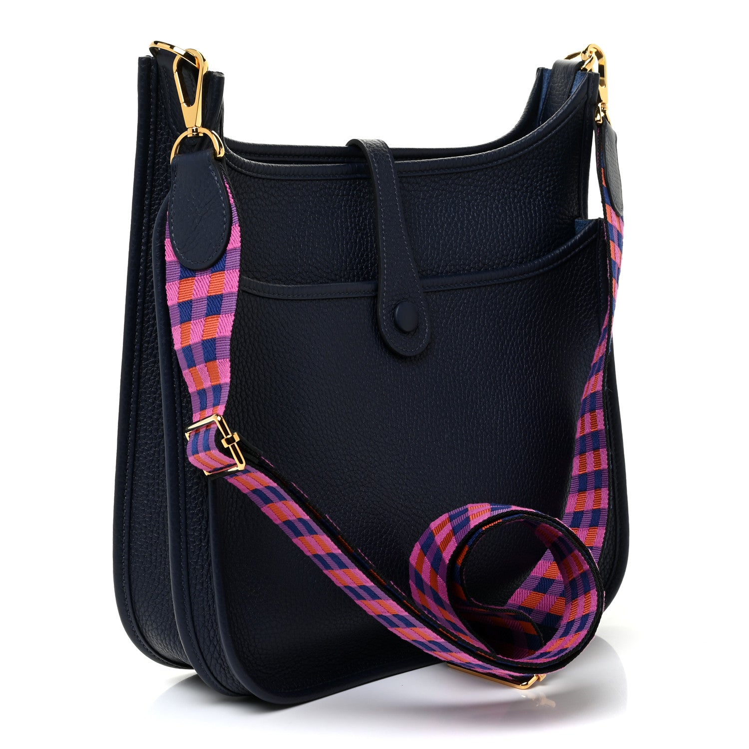 Hermes Taurillon Clemence Quadrille Evelyne III PM Bleu Nuit Bleu Saphir Anemone Capucine 3 of 11