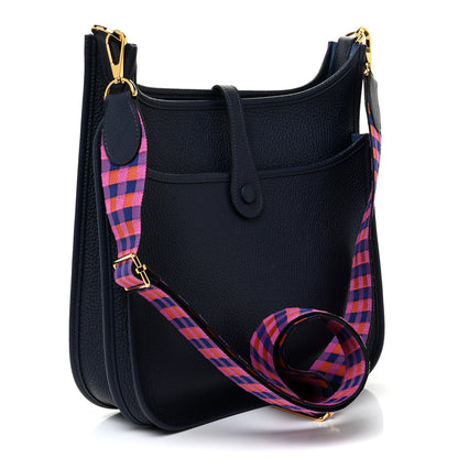 Hermes Taurillon Clemence Quadrille Evelyne III PM Bleu Nuit Bleu Saphir Anemone Capucine 3 of 11