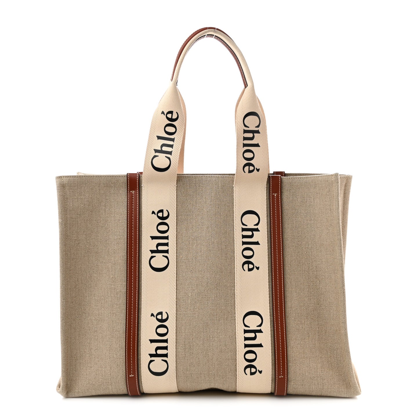 Linen Calfskin Large Woody Ribbon Tote White Brown