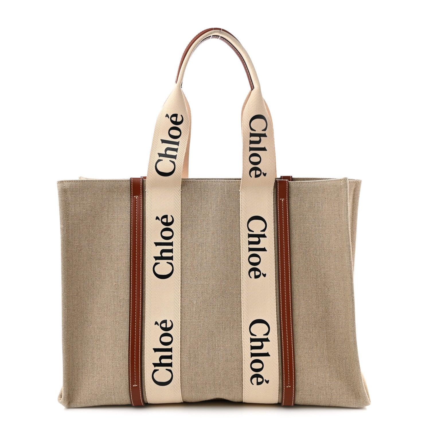 Chloe Linen Calfskin Large Woody Ribbon Tote White Brown 1 of 12
