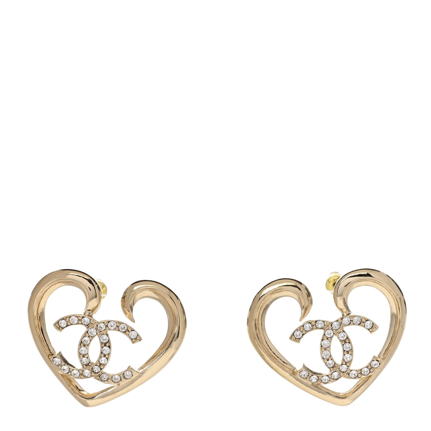Chanel Metal Crystal CC Logo Open Heart Earrings Gold 1 of 4