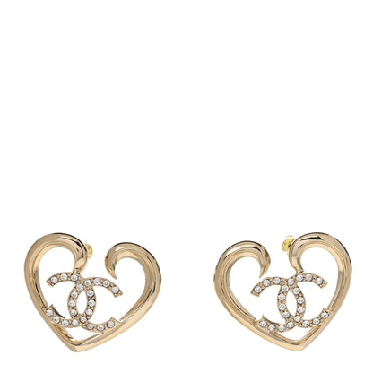 Chanel Metal Crystal CC Logo Open Heart Earrings Gold 1 of 4