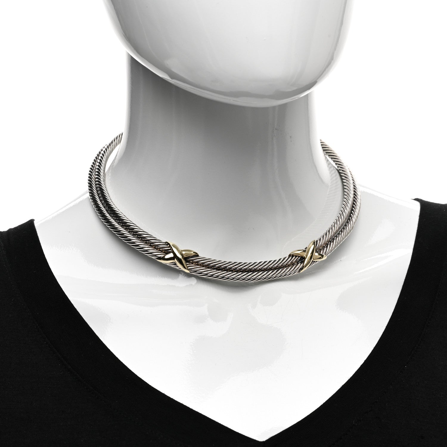 David Yurman Sterling Silver 14K Yellow Gold Double X Station Collar Necklace 2 of 3