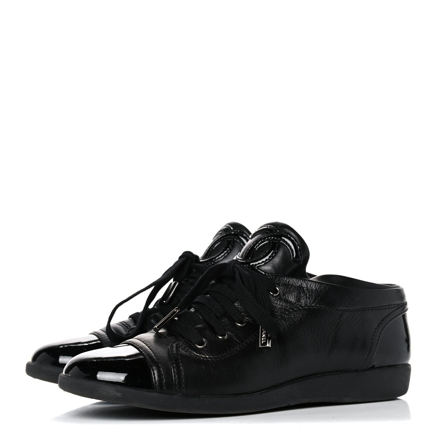 Chanel Lambskin Patent Cap Toe CC Sneakers 37.5 Black 3 of 15