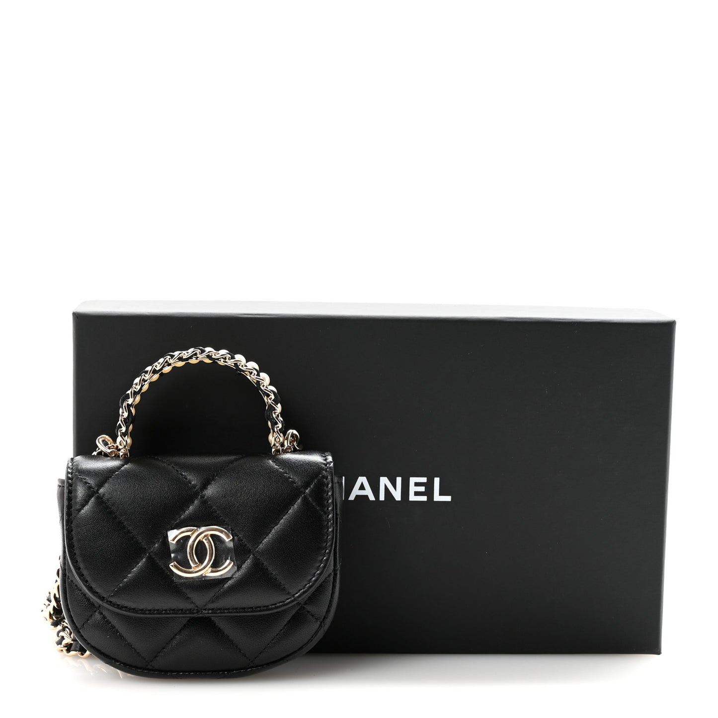Lambskin Quilted Pearl Top Handle Clutch With Chain Black