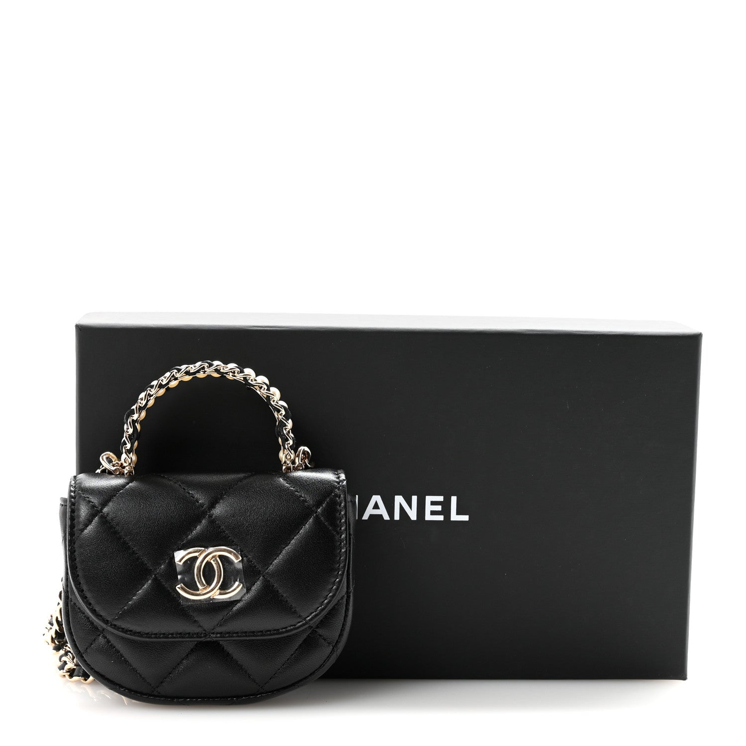 Chanel Lambskin Quilted Pearl Top Handle Clutch With Chain Black 12 of 12