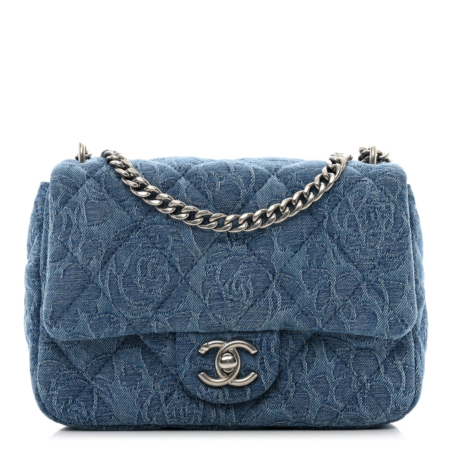 Denim Quilted Camellia Sweetheart Mini Flap Blue