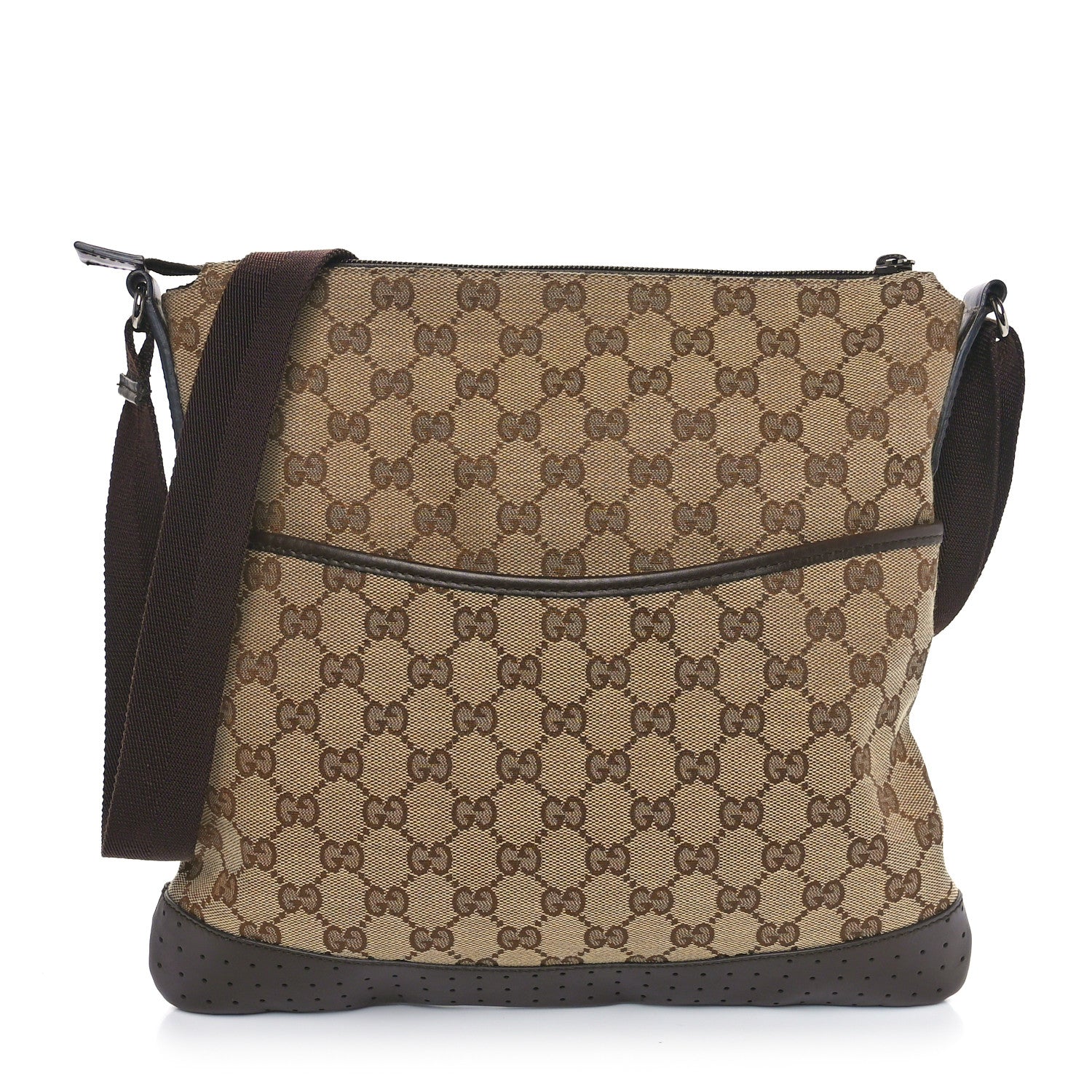 Gucci Monogram Calfskin Perforated Medium Flat Messenger Bag Dark Brown 1 of 10