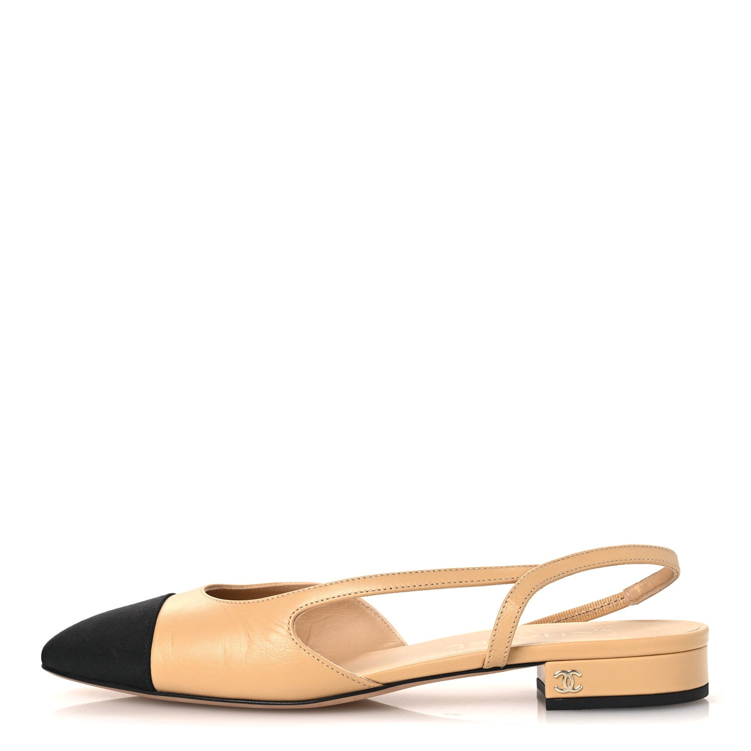 Chanel Goatskin Grosgrain Cap Toe CC Slingback Sandals 38.5 Beige Black 1 of 11