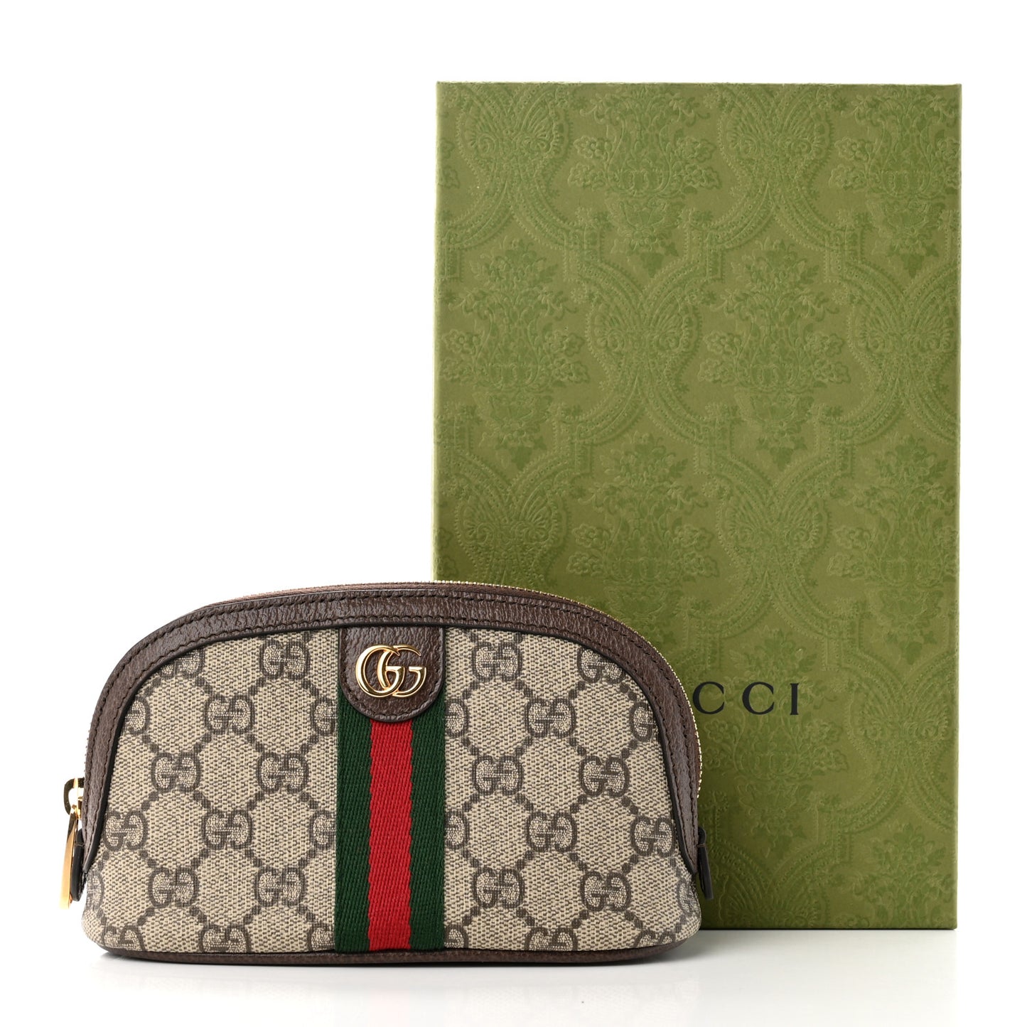 GG Supreme Monogram Textured Calfskin Web Medium Ophidia Cosmetic Case Beige Ebony New Acero