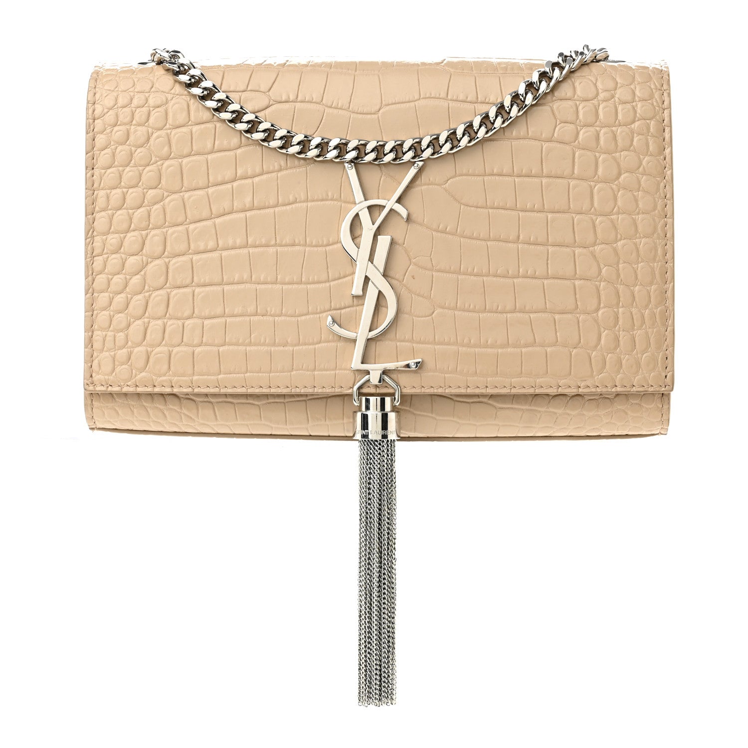 Saint Laurent Calfskin Crocodile Embossed Small Classic Monogram Kate Tassel Satchel Nude Powder 1 of 9