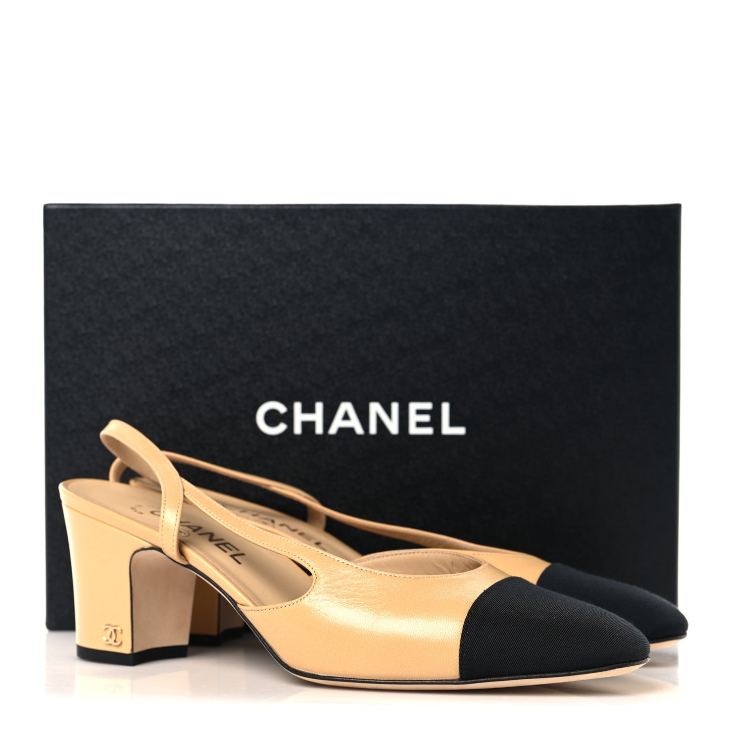 Goatskin Grosgrain Cap Toe CC Slingback Pumps 40.5 Beige Black