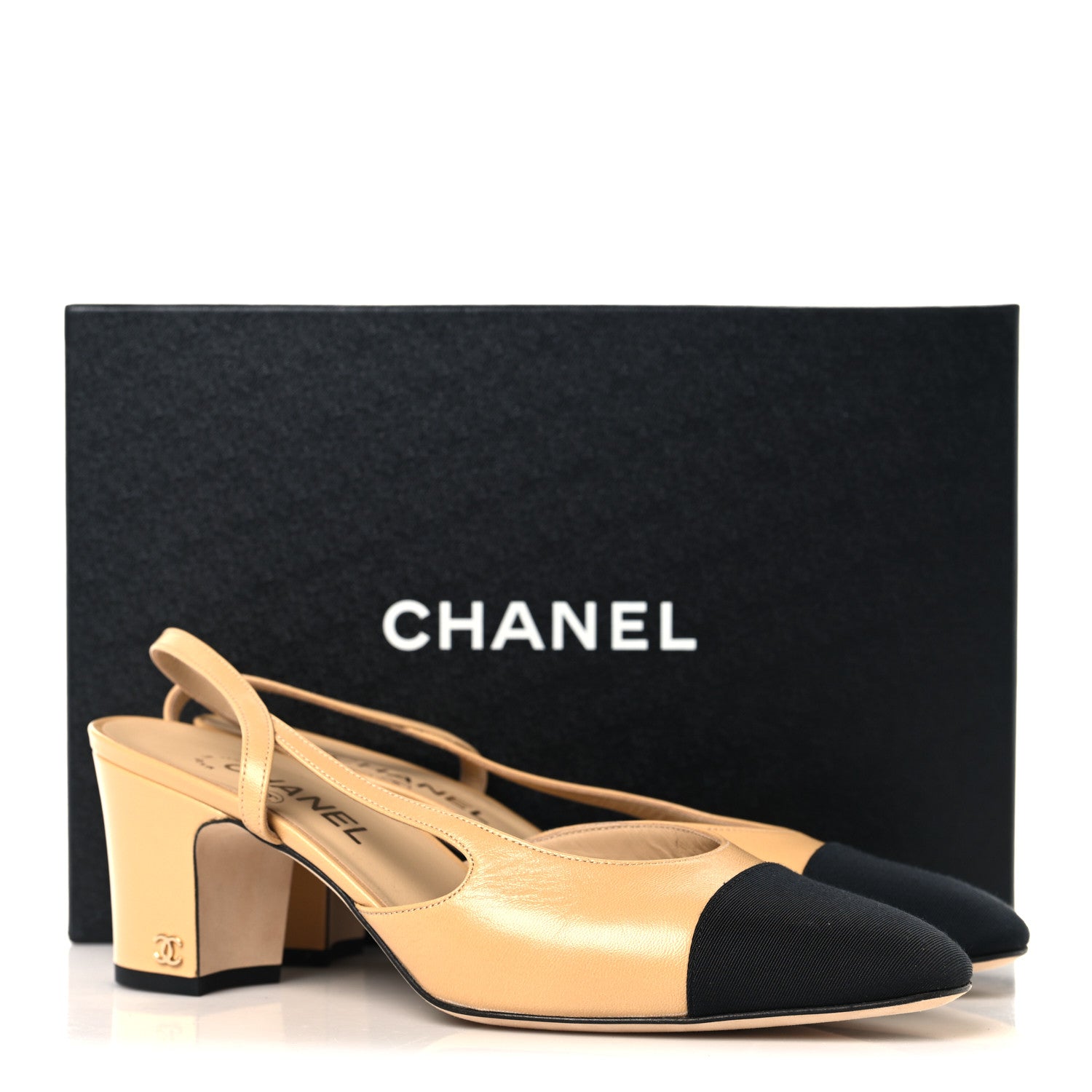 Chanel Goatskin Grosgrain Cap Toe CC Slingback Pumps 40.5 Beige Black 10 of 10
