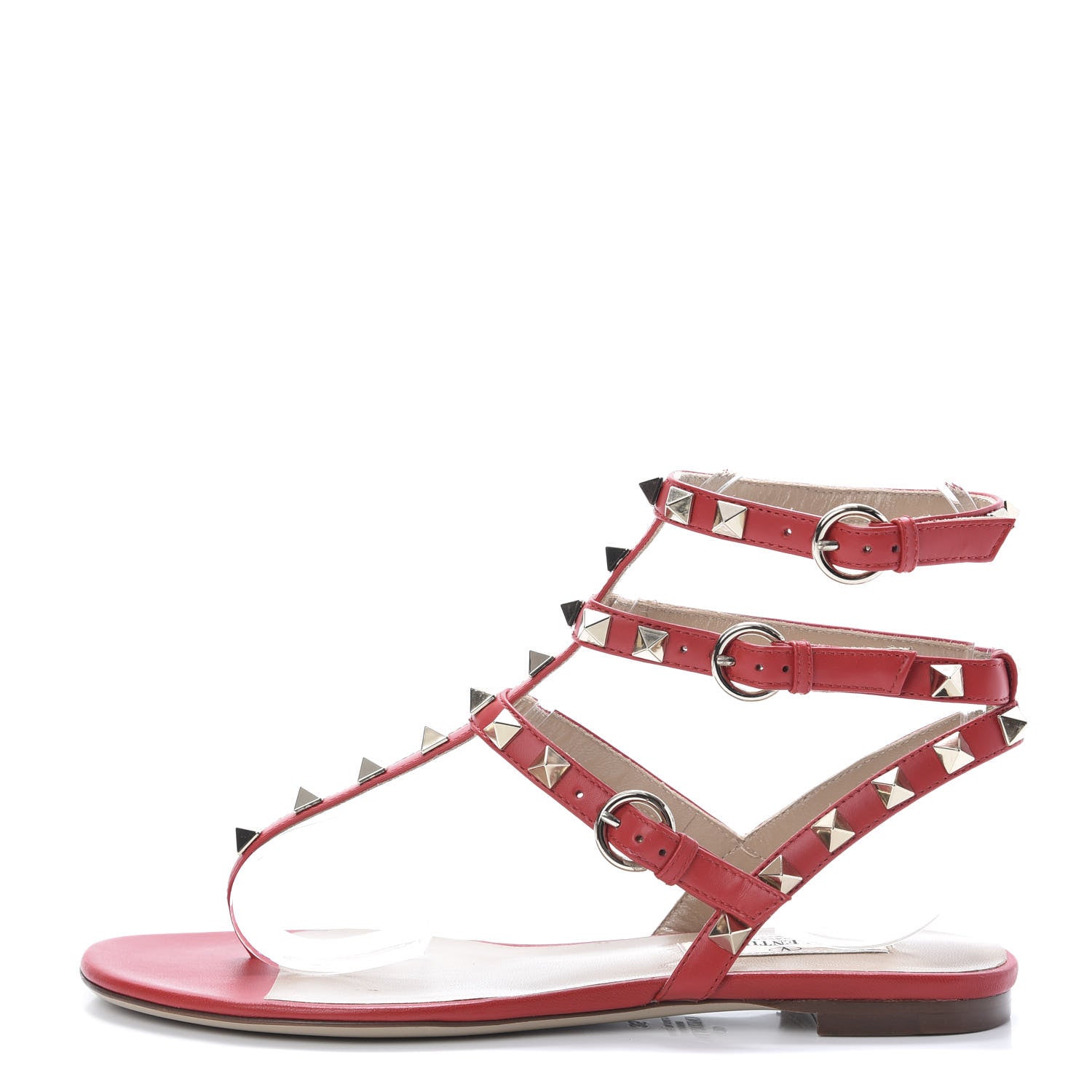 Valentino Garavani Calfskin Rockstud Ankle Wrap Flat Thong Sandals 35 Rouge Pur 1 of 10