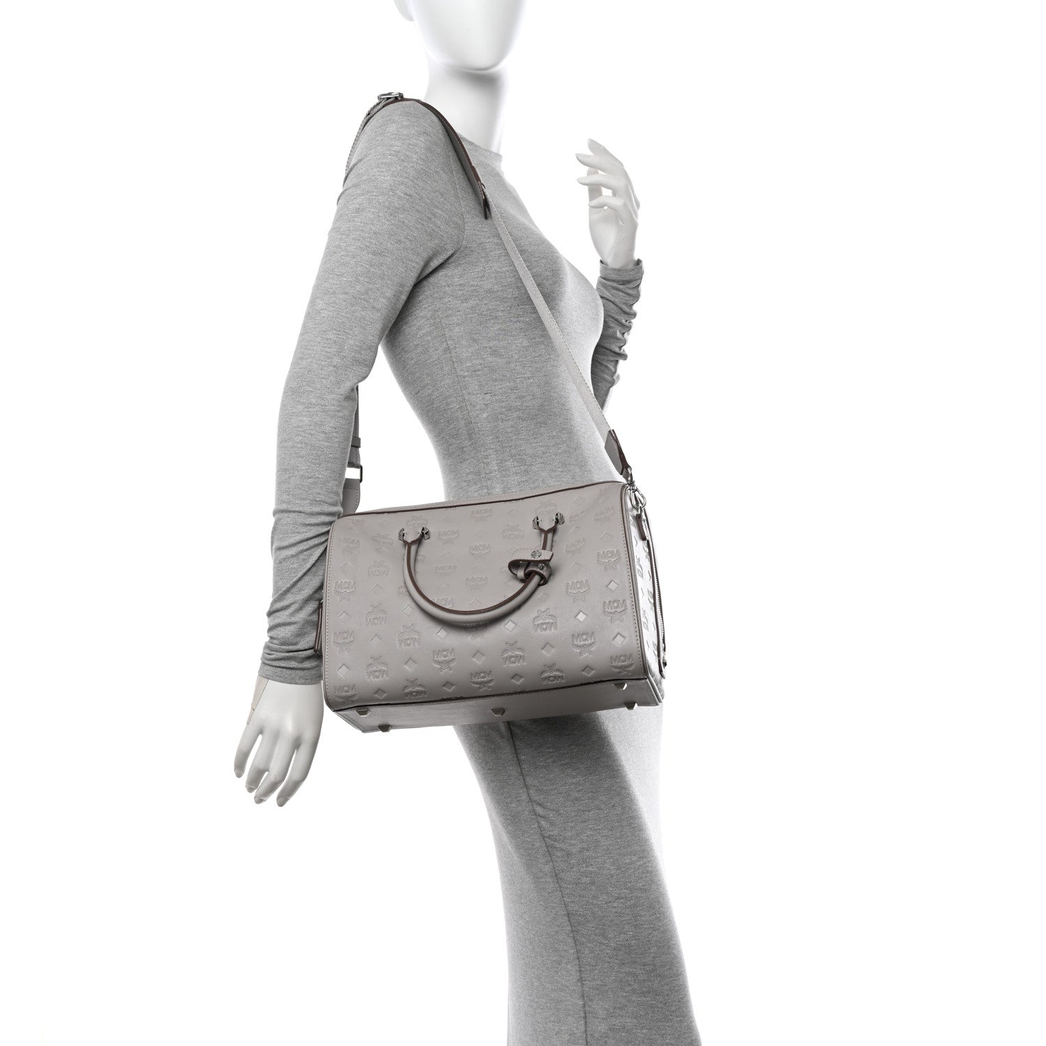 MCM Calfskin Ottomar Monogram Essential Boston Bag Dove 2 of 13