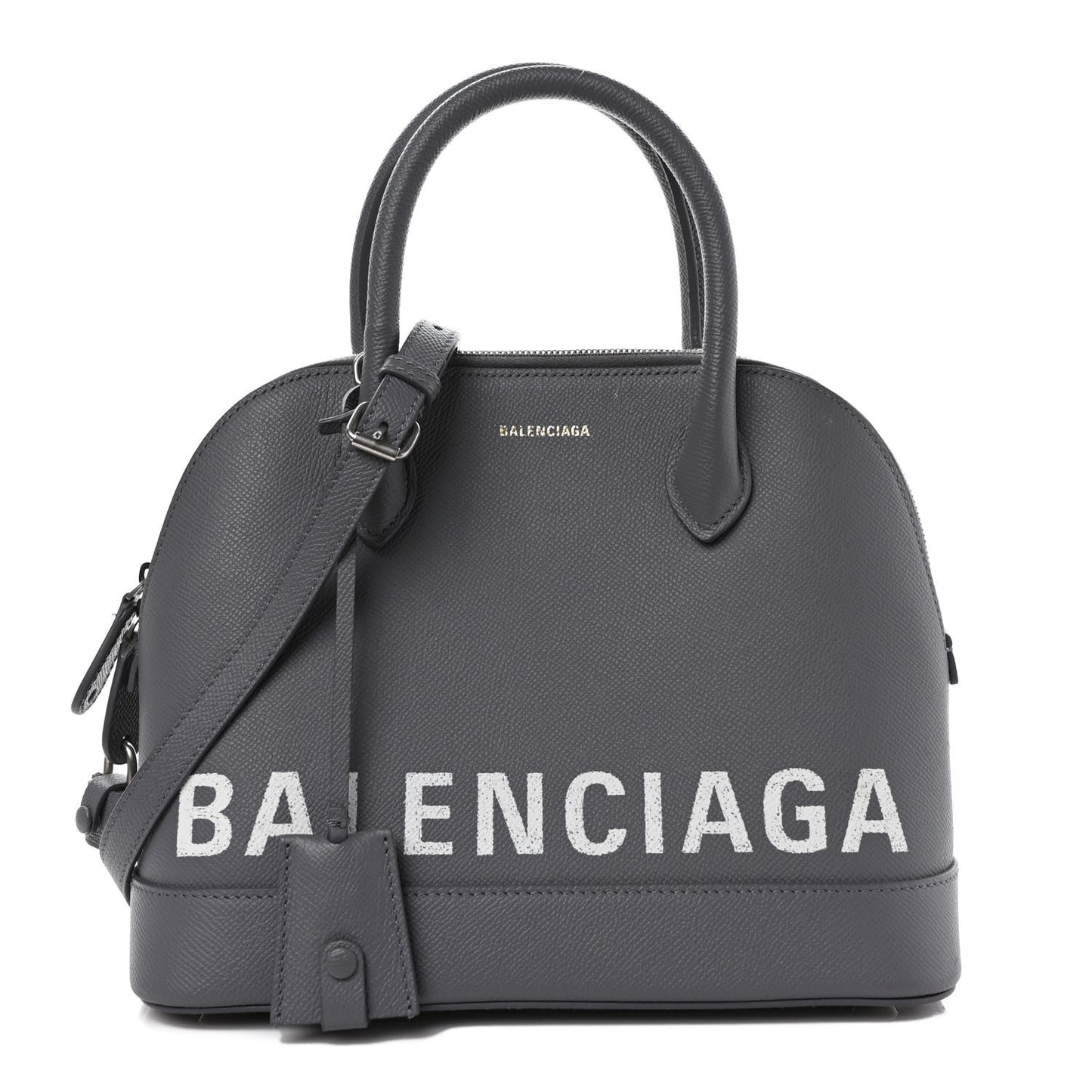 Signature Grained Calfskin Logo S Ville Top Handle Bag Gris Perle Fonce White