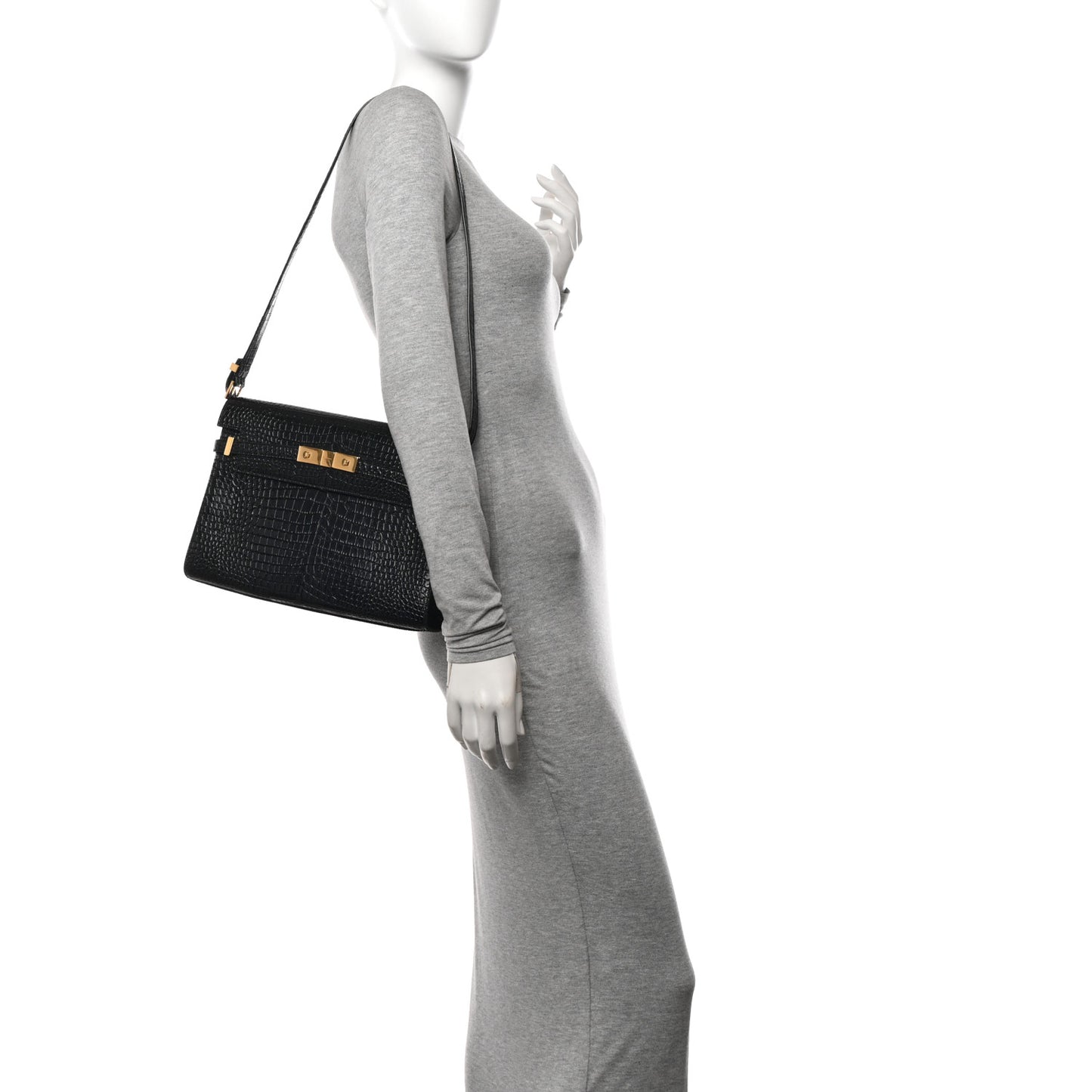 Shiny Calfskin Crocodile Embossed Manhattan Baguette Black