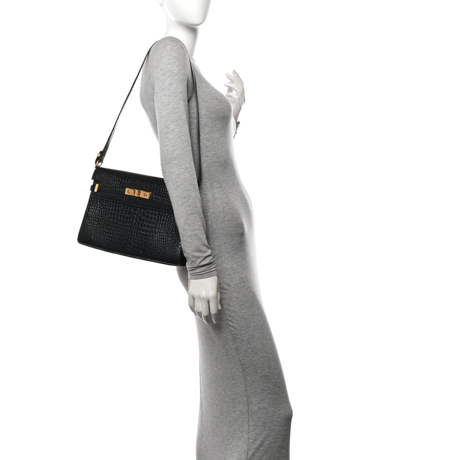 Saint Laurent Shiny Calfskin Crocodile Embossed Manhattan Baguette Black 2 of 10