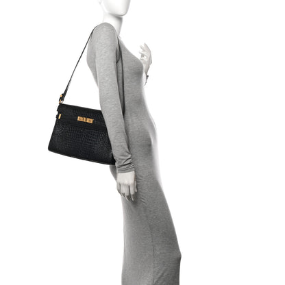 Saint Laurent Shiny Calfskin Crocodile Embossed Manhattan Baguette Black 2 of 10