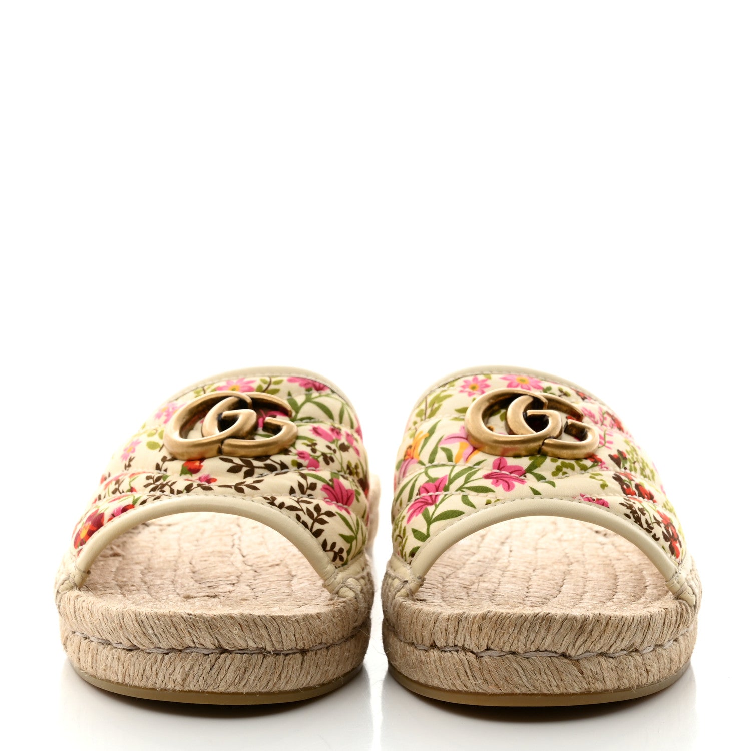 Gucci Nappa Matelasse Diagonal Floral Print GG Marmont Pilar Espadrille Slide Sandals 37.5 Ivory Pink 2 of 9