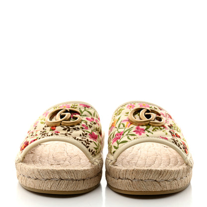 Gucci Nappa Matelasse Diagonal Floral Print GG Marmont Pilar Espadrille Slide Sandals 37.5 Ivory Pink 2 of 9