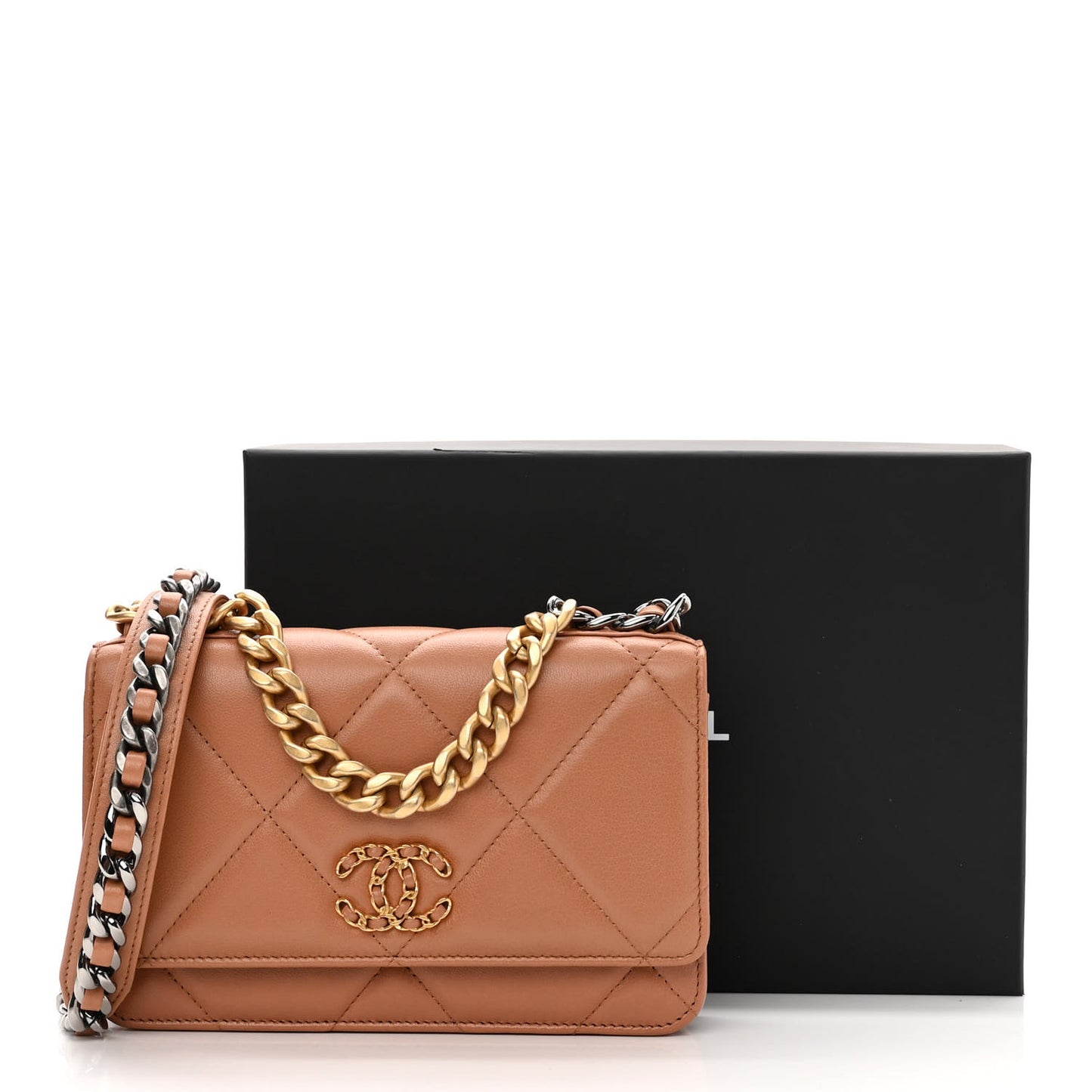 Lambskin Quilted Chanel 19 Wallet On Chain WOC Brown
