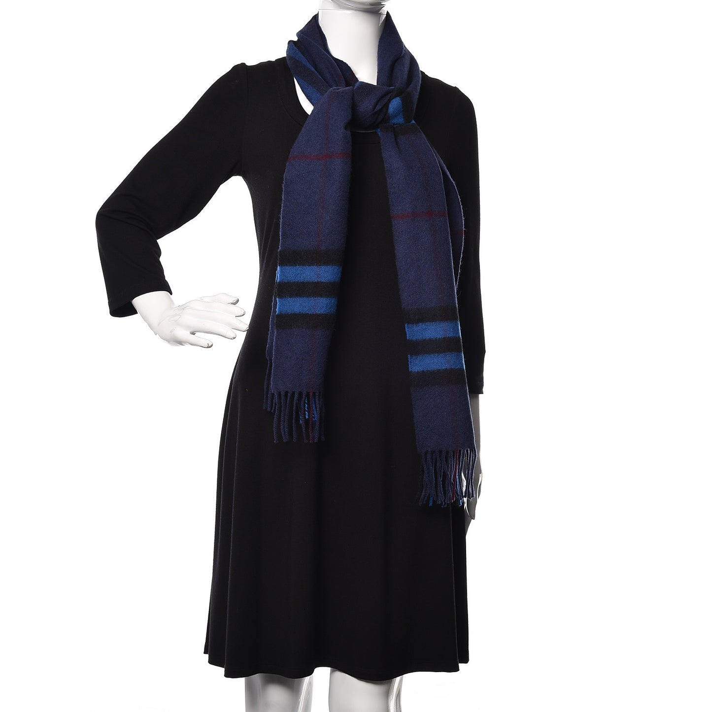 Cashmere Giant Check Fringe Scarf Navy Bright Cobalt