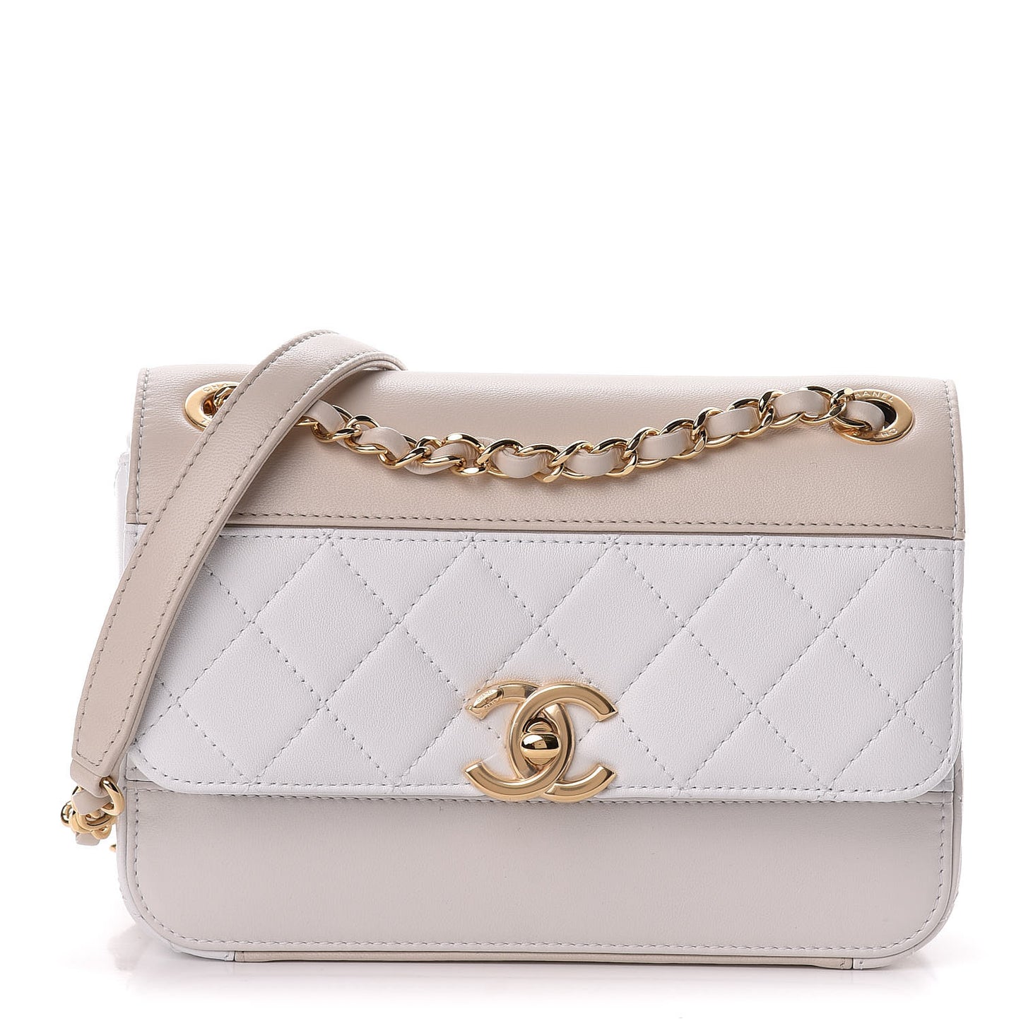 Lambskin Calfskin Quilted Shoulder Flap Bag Beige White