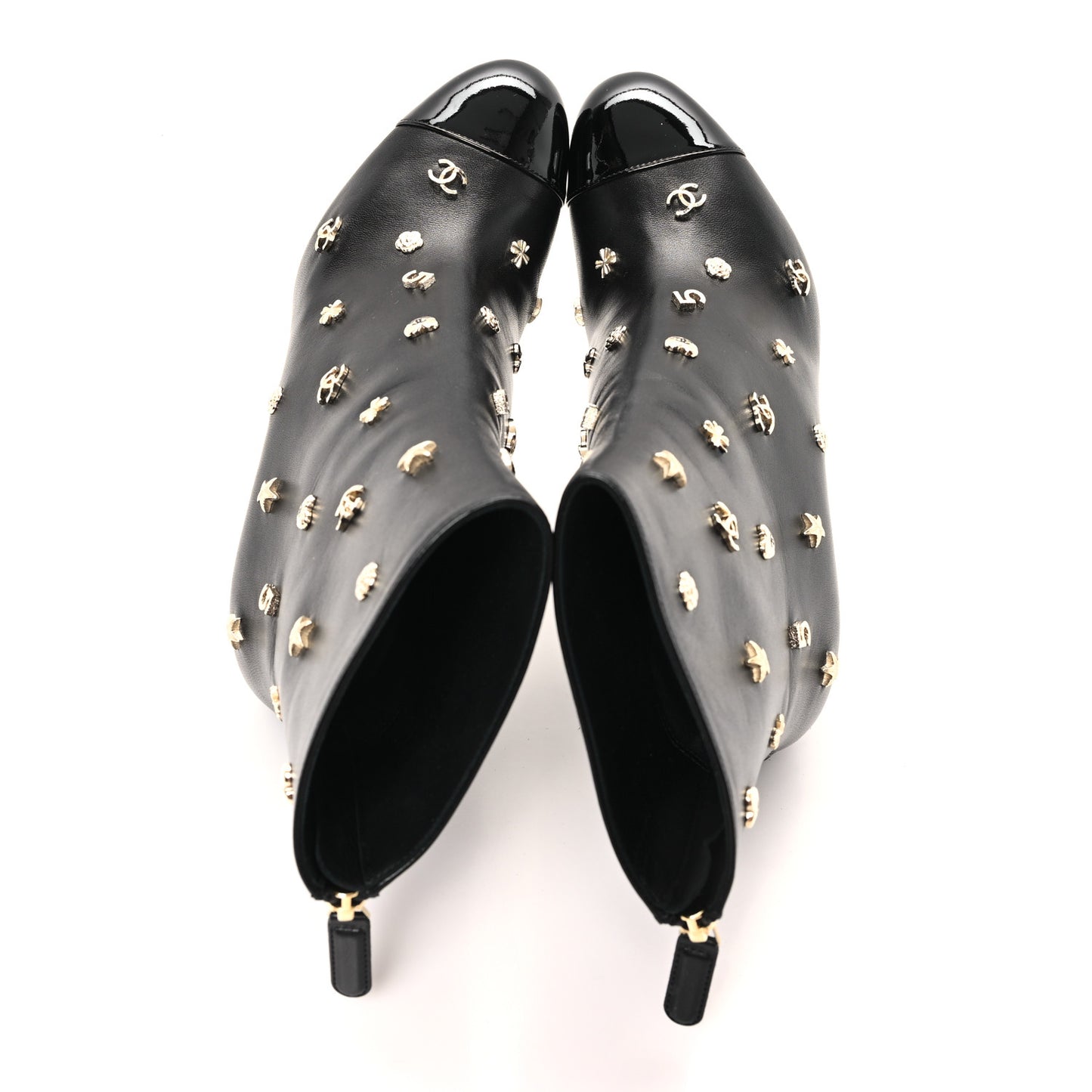 Lambskin Patent Cap Toe Charms Ankle Booties 38 Black