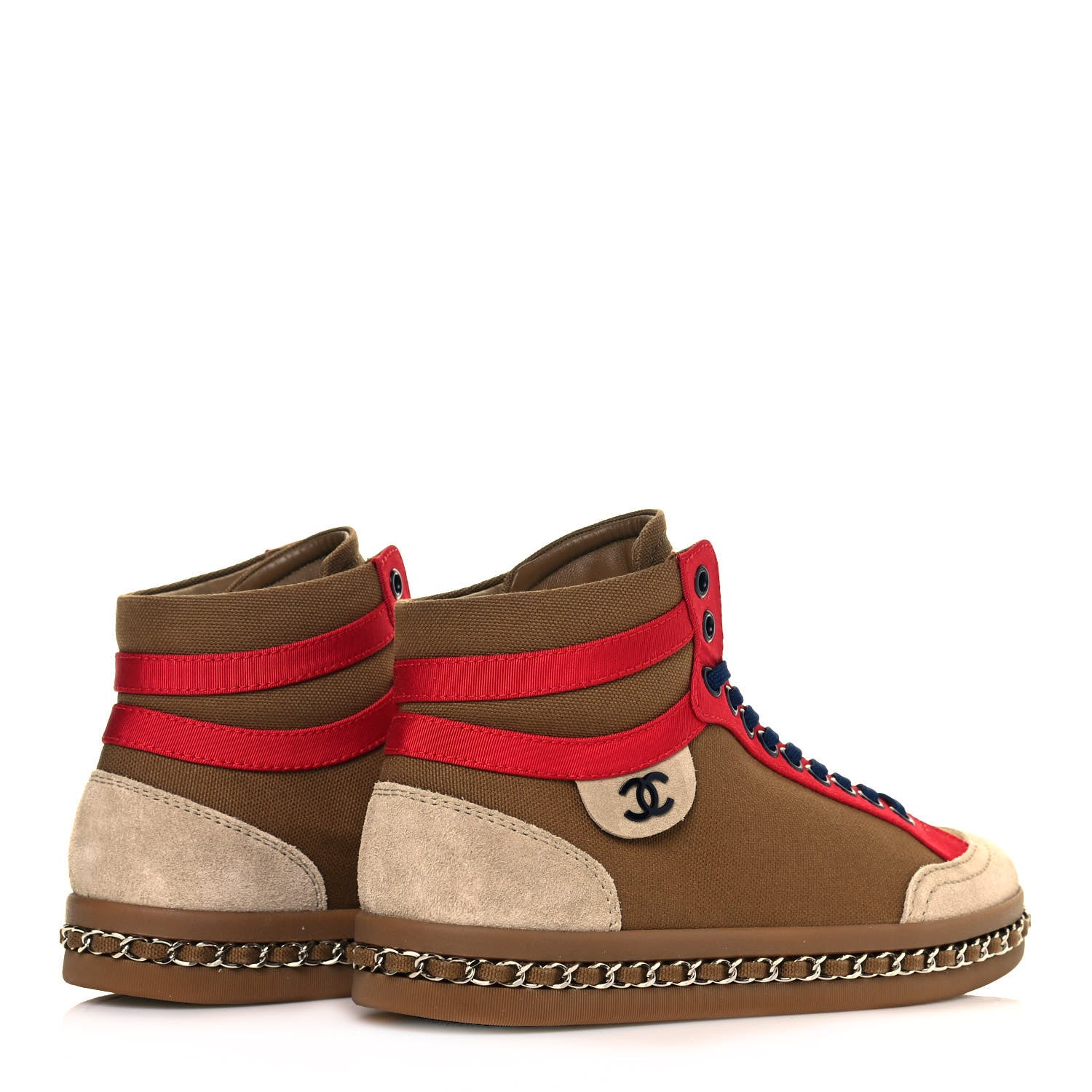 Chanel Suede Calfskin Canvas Grosgrain High Top Chain CC Sneakers 35 Brown Red 4 of 7
