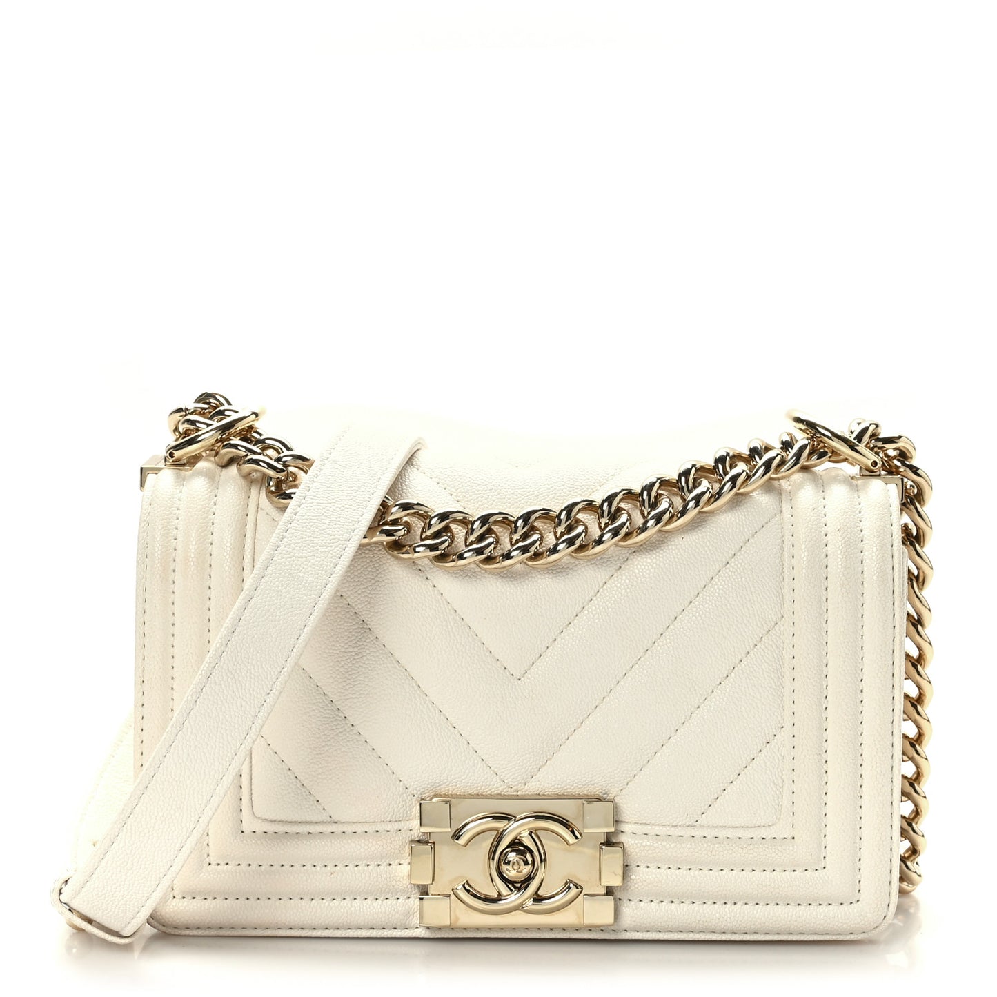 Caviar Chevron Quilted Small Boy Flap White