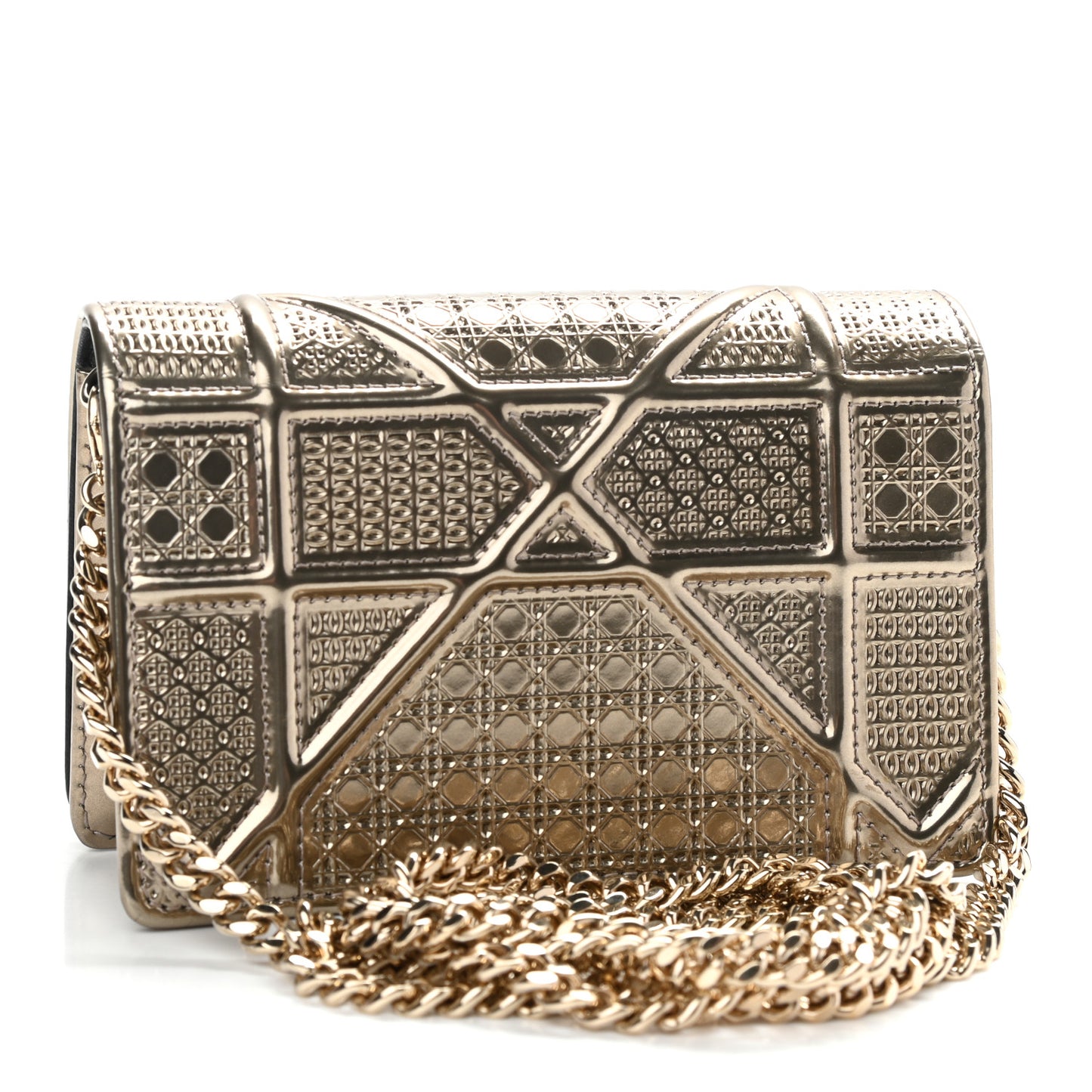 Metallic Patent Micro-Cannage Baby Diorama Flap Bag Gold