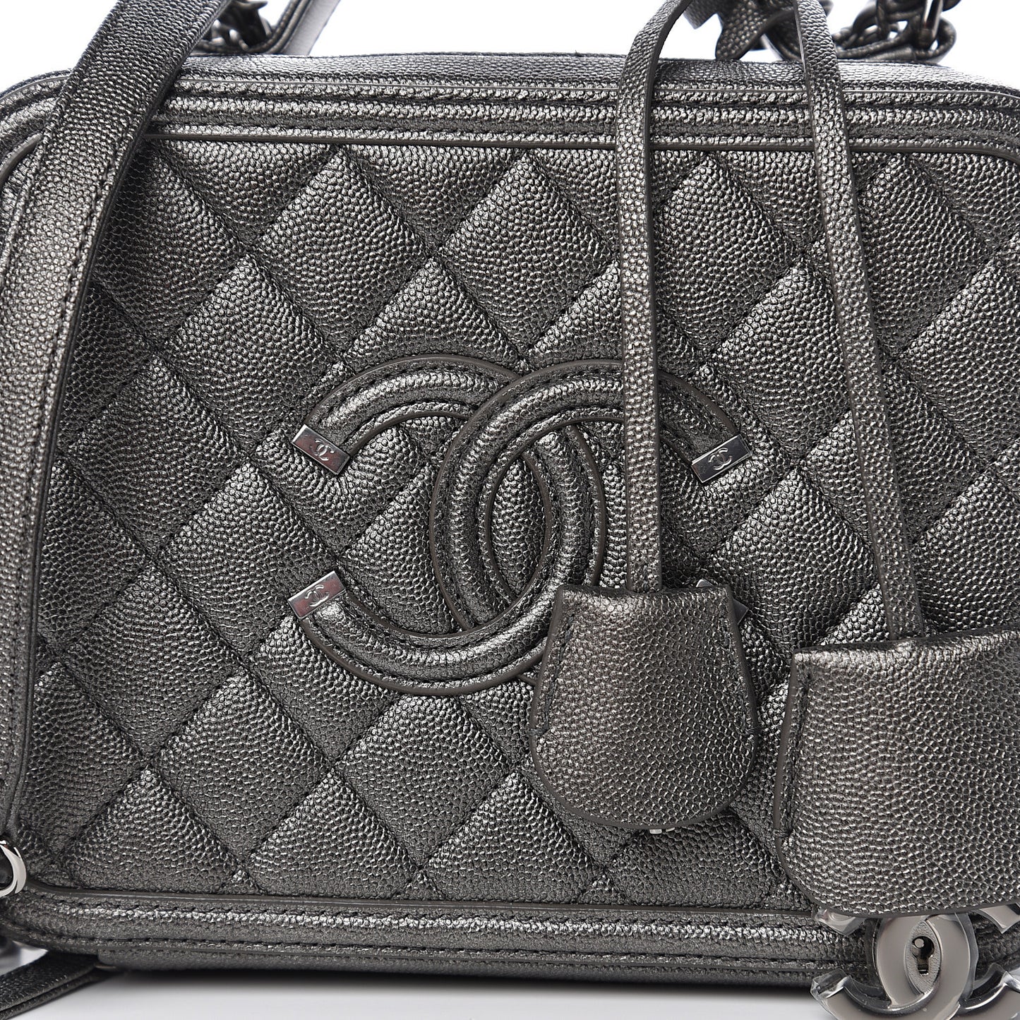 Metallic Caviar Quilted Medium CC Filigree Vanity Case Dark Silver