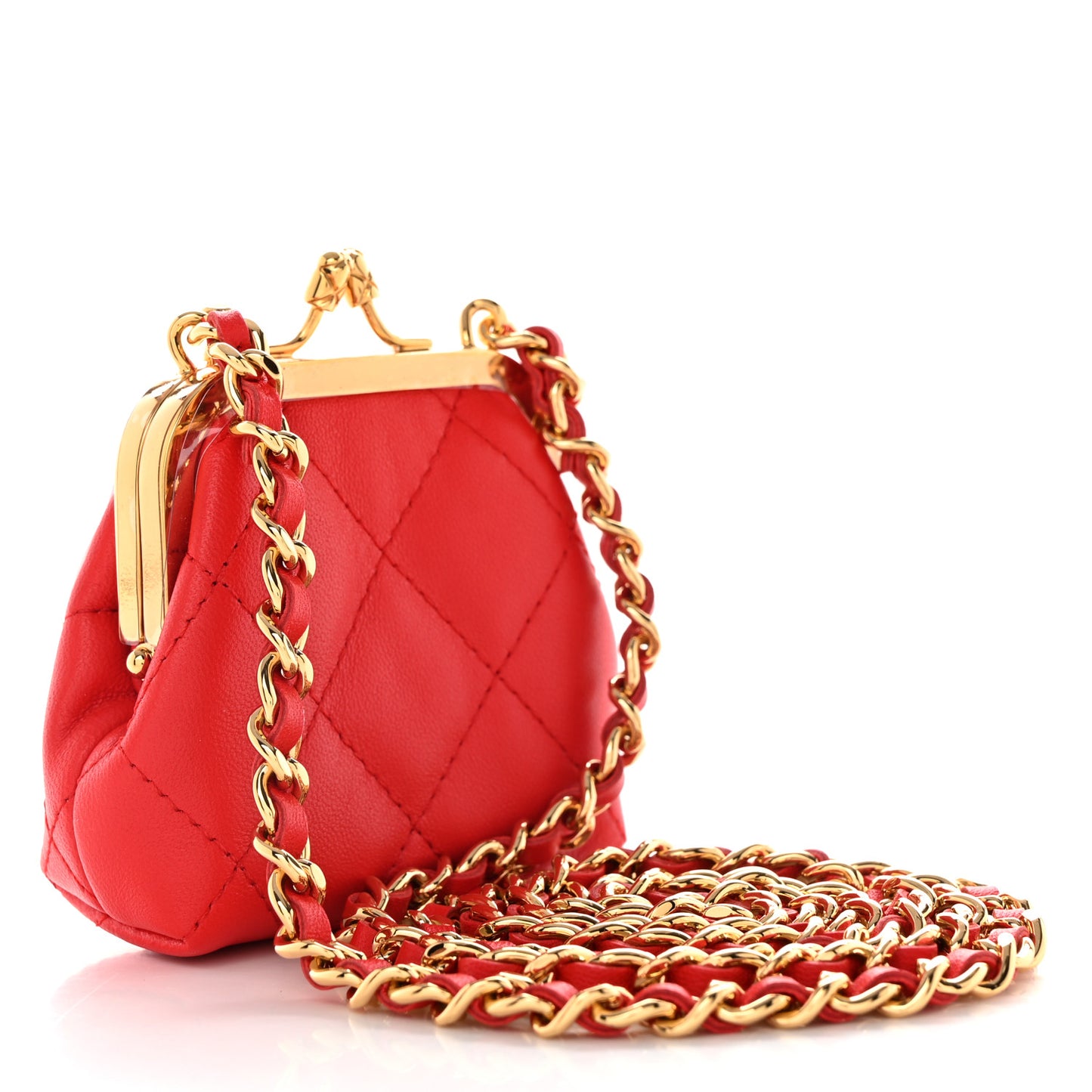 Lambskin Quilted Mini Kiss Lock Clutch With Chain Red