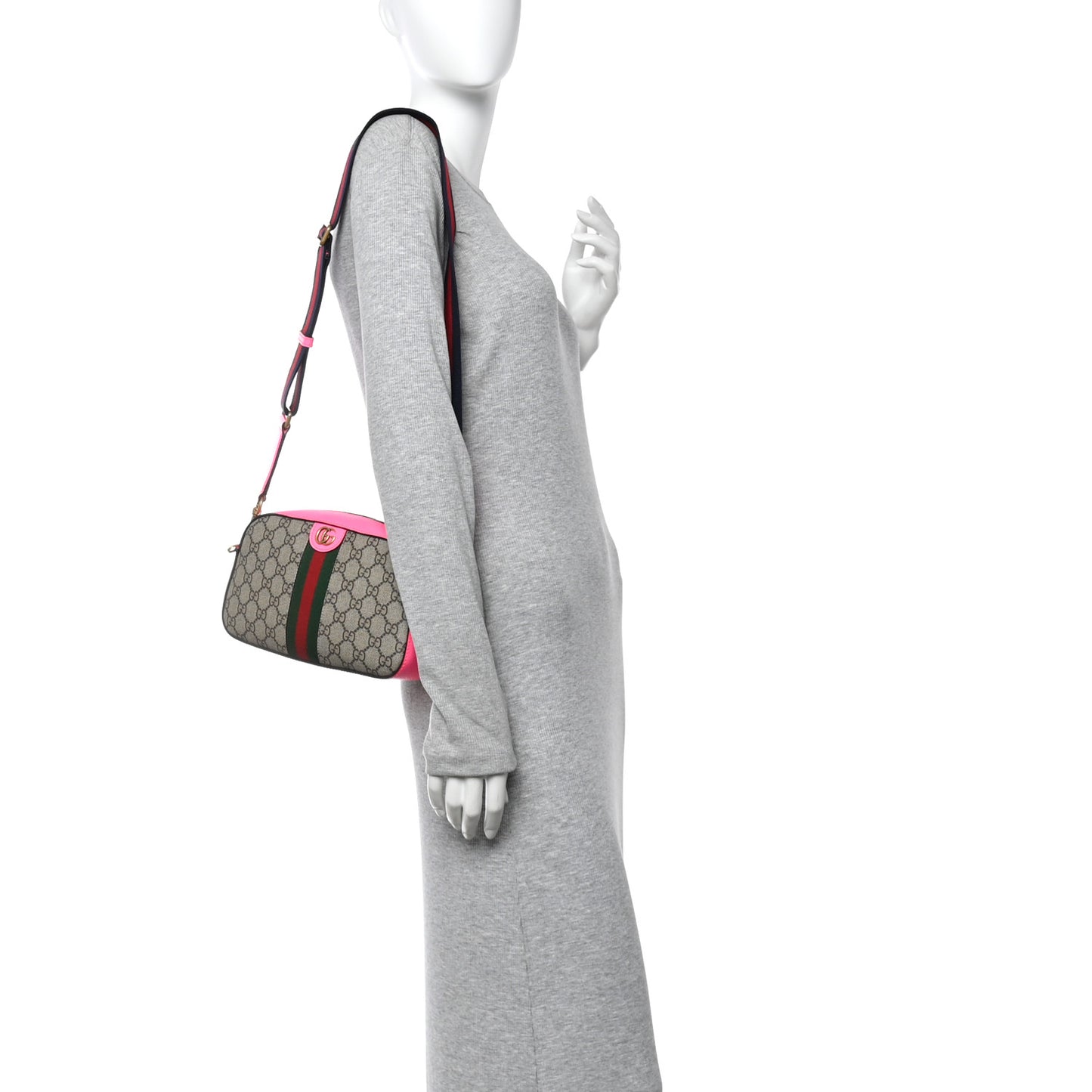 GG Supreme Monogram Textured Dollar Calfskin Web Ophidia Small Crossbody Bag Beige Ebony Fuchsia