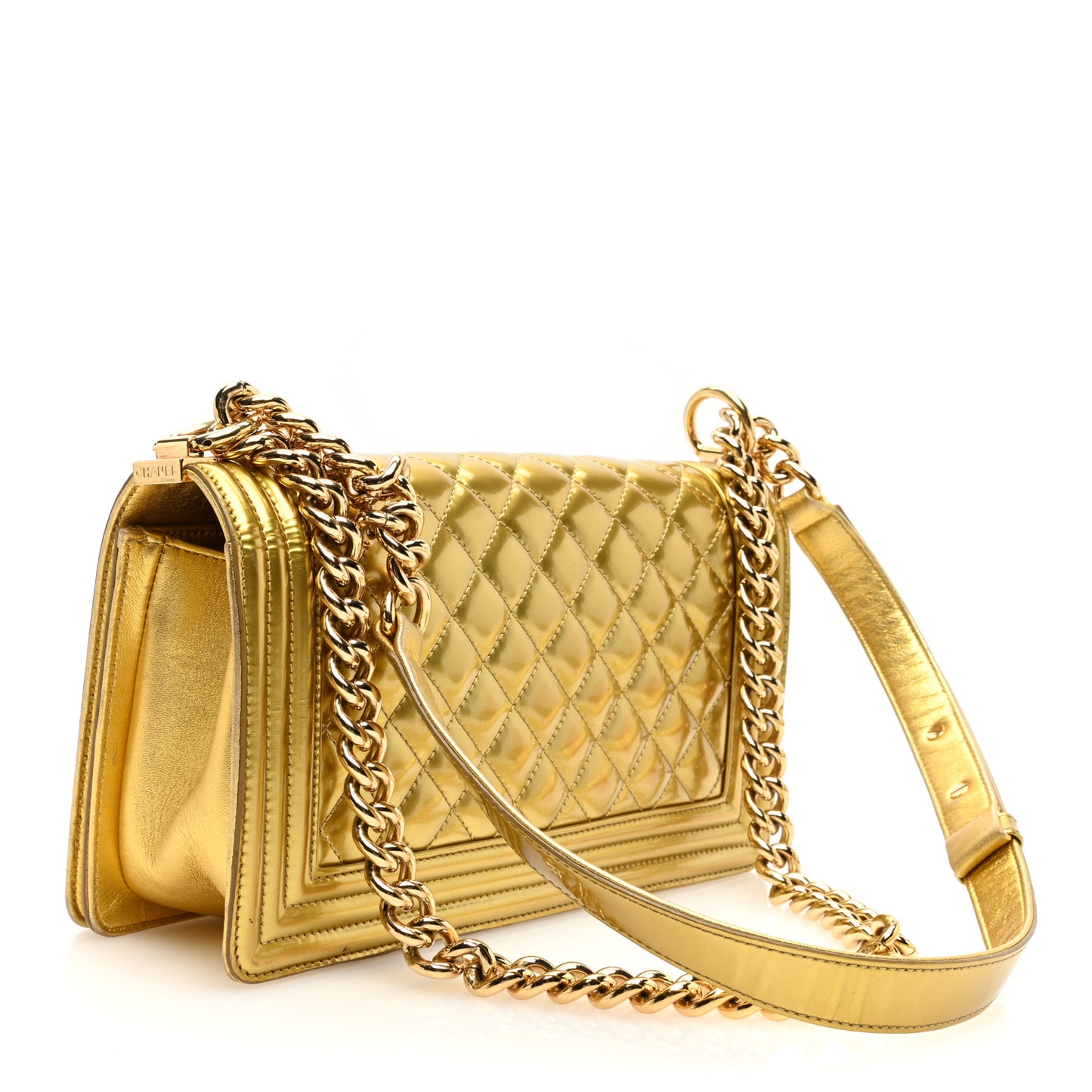 Metallic Patent Calfskin Quilted Medium Boy Flap Gold
