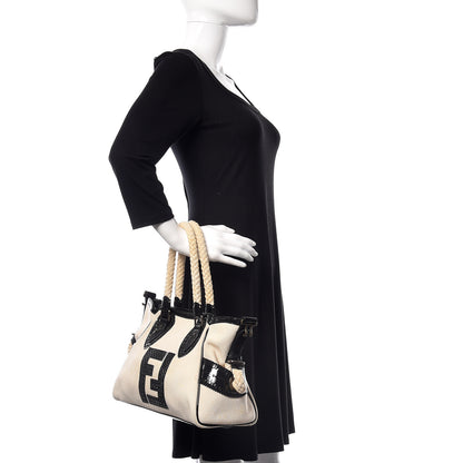 Fendi Canvas Patent Grommet De Jour Tote Natural 2 of 15